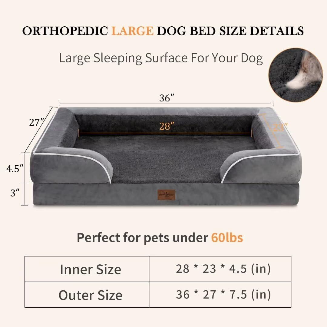 Comfort Expression Cooling Dog Bed For Large Dogs, Memory Foam Orthopedic Dog Bed, Waterproof Dog Beds, Washable Dog Bed With Removable Cover,Pet Bed Dog Sofa With Bolster(Large,Leaden Grey)