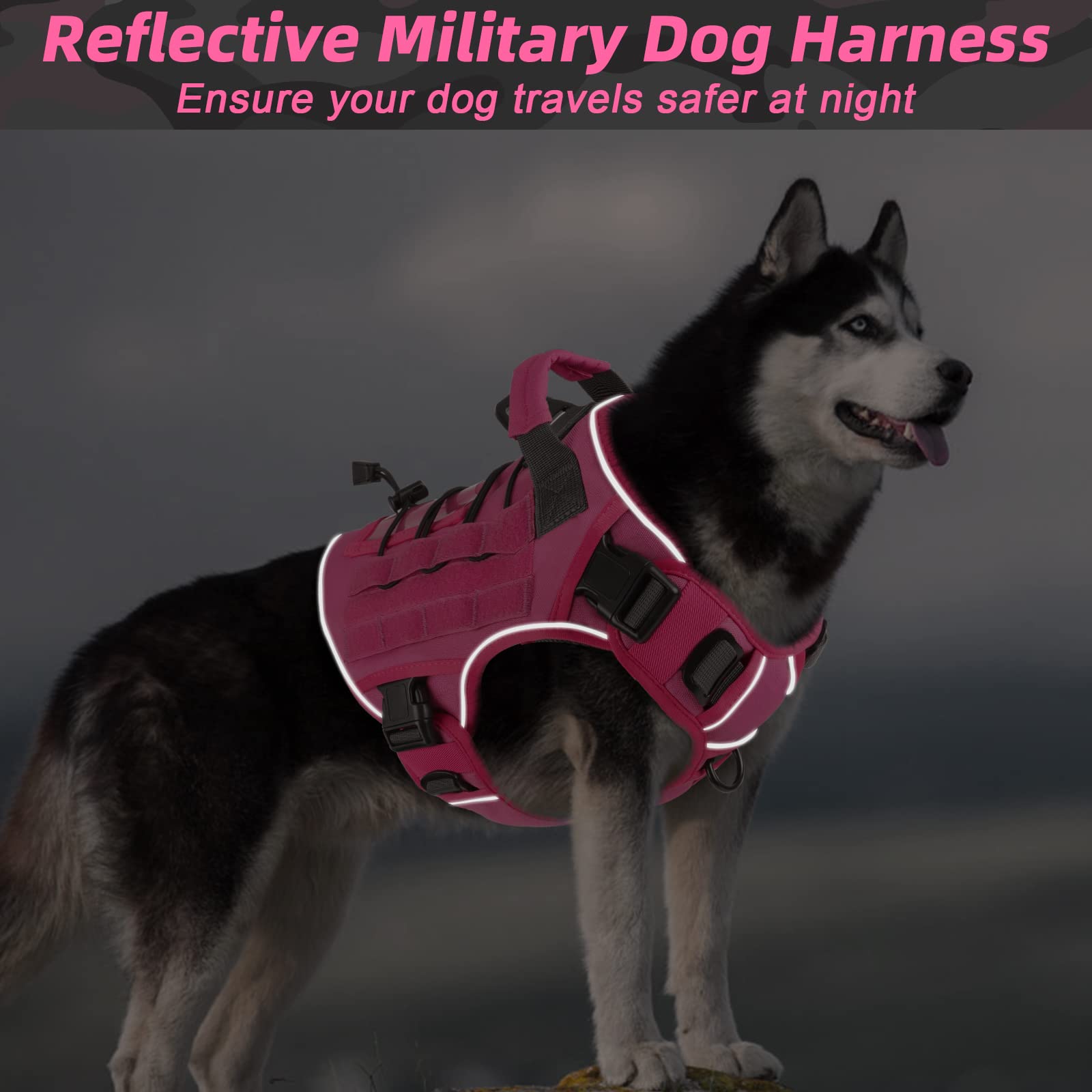 Wingoin Pink Tactical Dog Harness Vest For Large Dogs No Pull Adjustable Reflective Military Pet Harness With Handle For Golden Retriever, Doberman Pinscher, Rottweiler, Great Dane Service Dog (Xl)