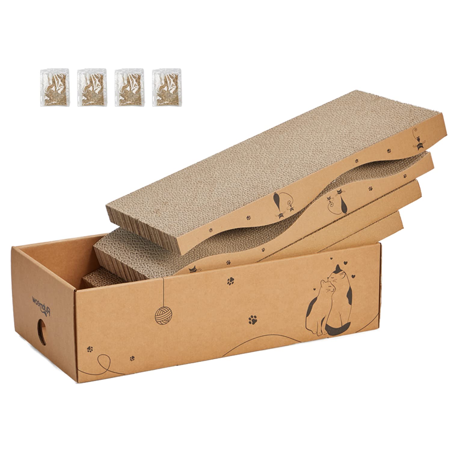 RUBMEOW Cardboard Cat Scratcher Pad - 4 Reversible Scratching Pads for Indoor Cats, Medium Size, Durable with Catnip
