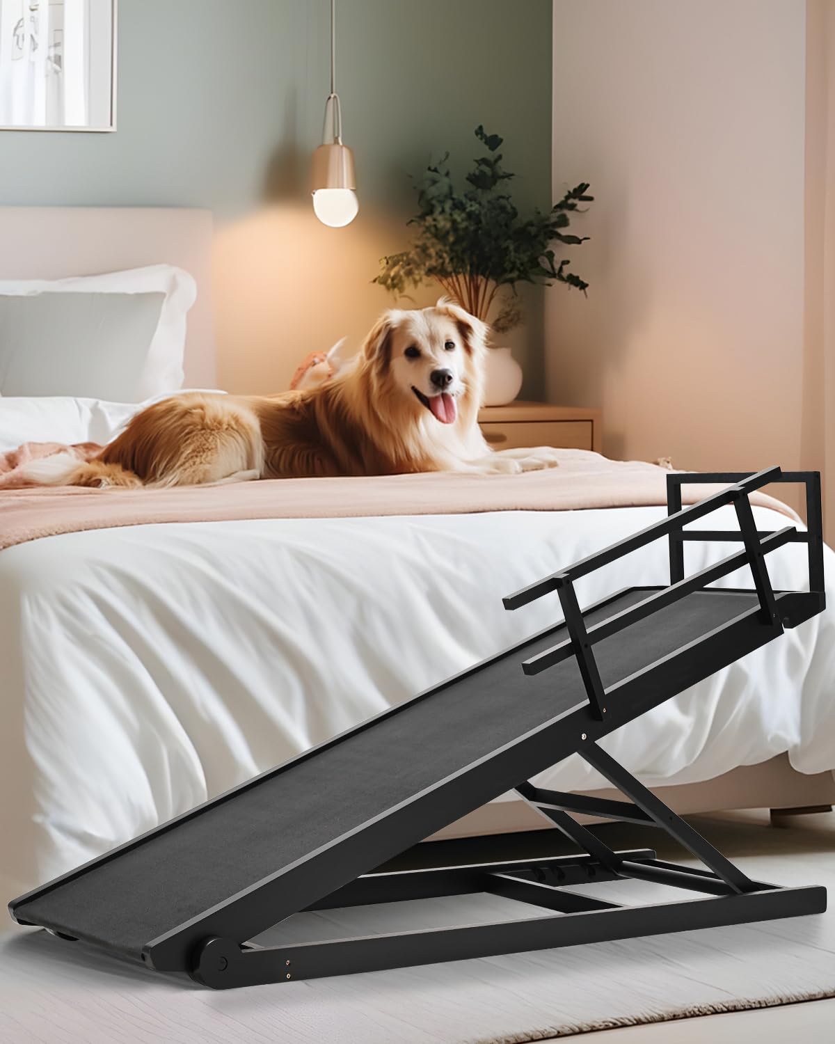 Petsbest Large Dog & Cat Bed Ramp - Adjustable 17'' To 32'' Height, Wooden, Folds Flat For Easy Storage