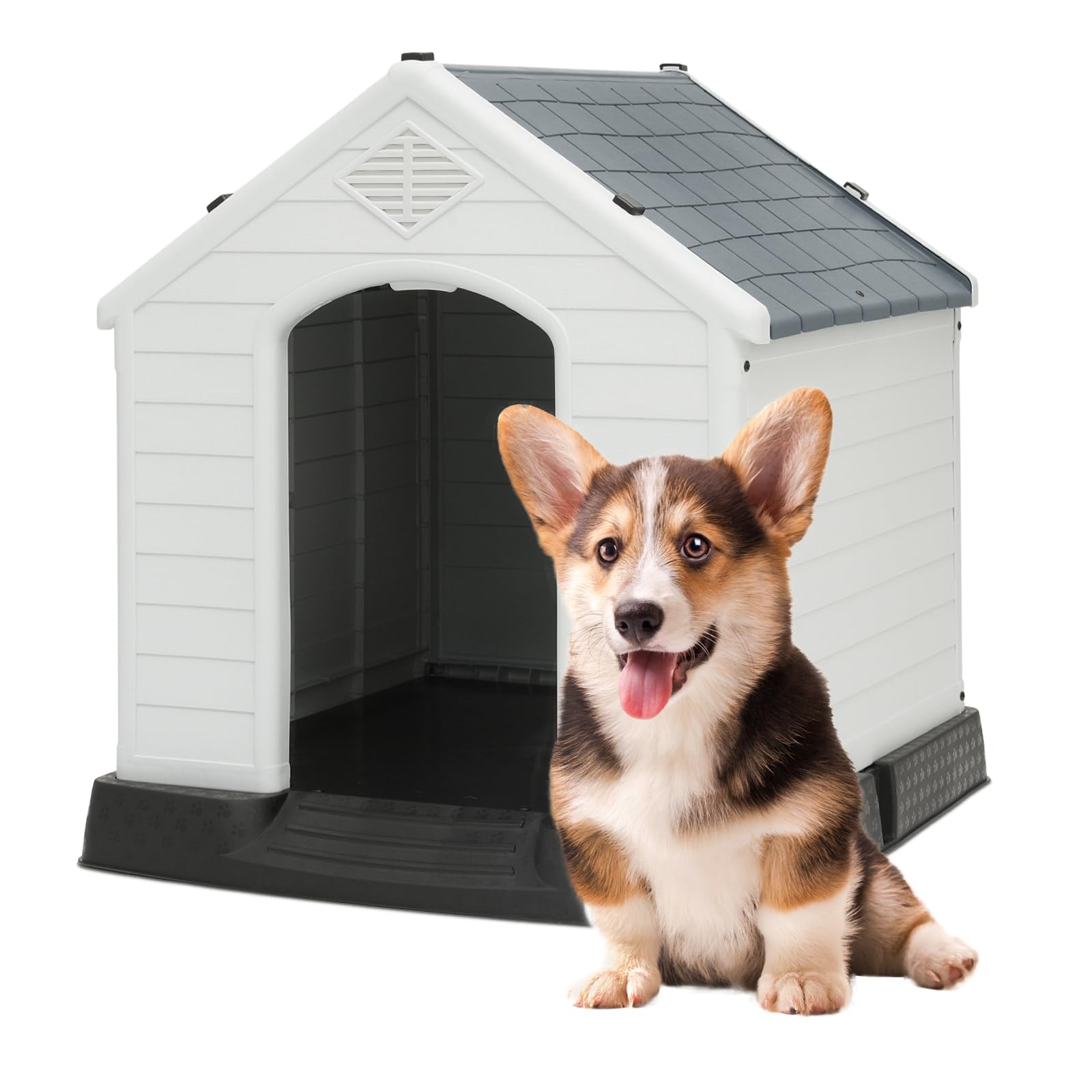 Magshion Dog House, Outdoor Indoor Dog House Puppy Shelter Water Resistant, Plastic Dog Houses For Small Medium Dogs, Dark Gray