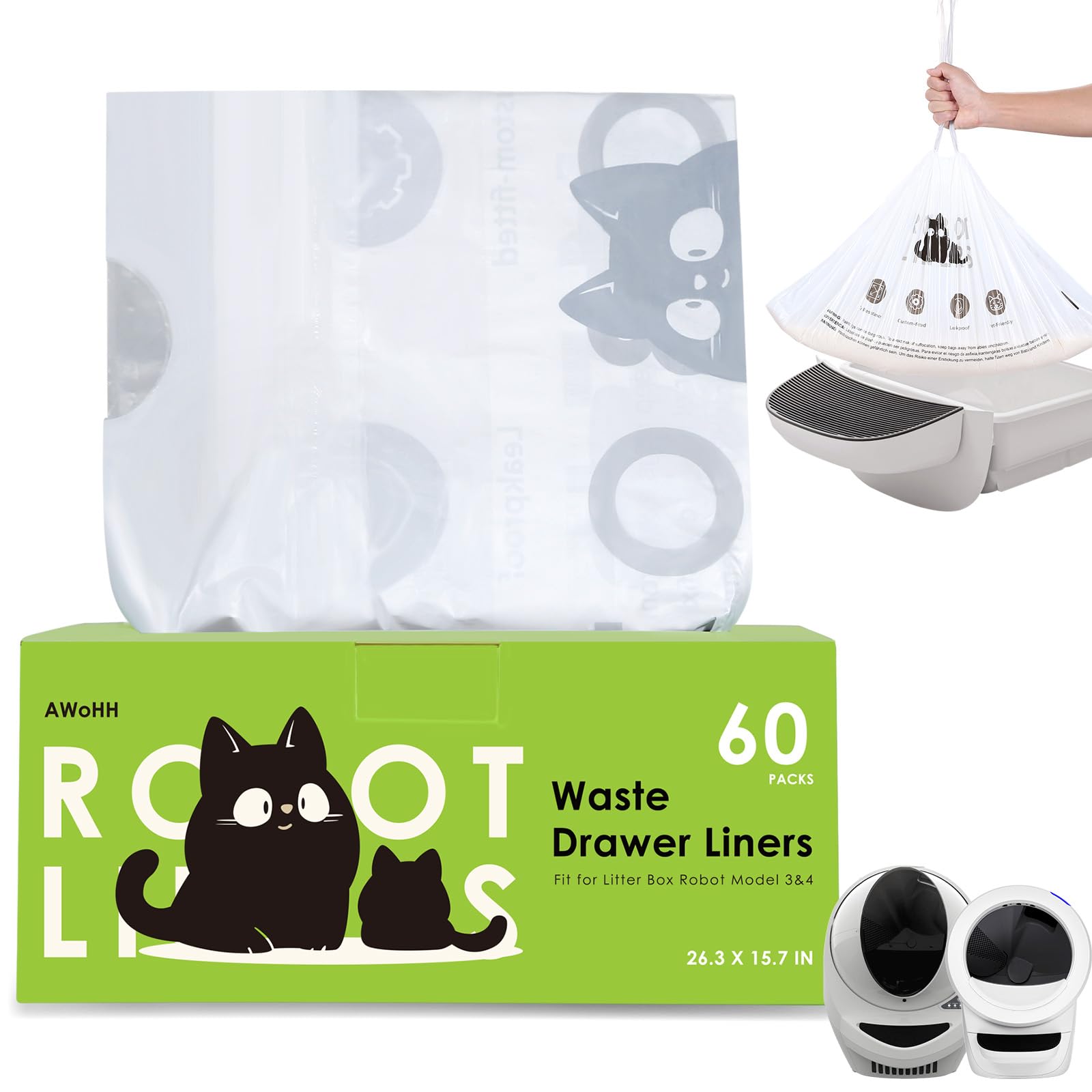 Cat Litter Box Robot 4 And 3 Waste Bags, 60 Pack Automatic Litter Box Bags, Thick Heavy Duty Cat Litter Box Liner Bags