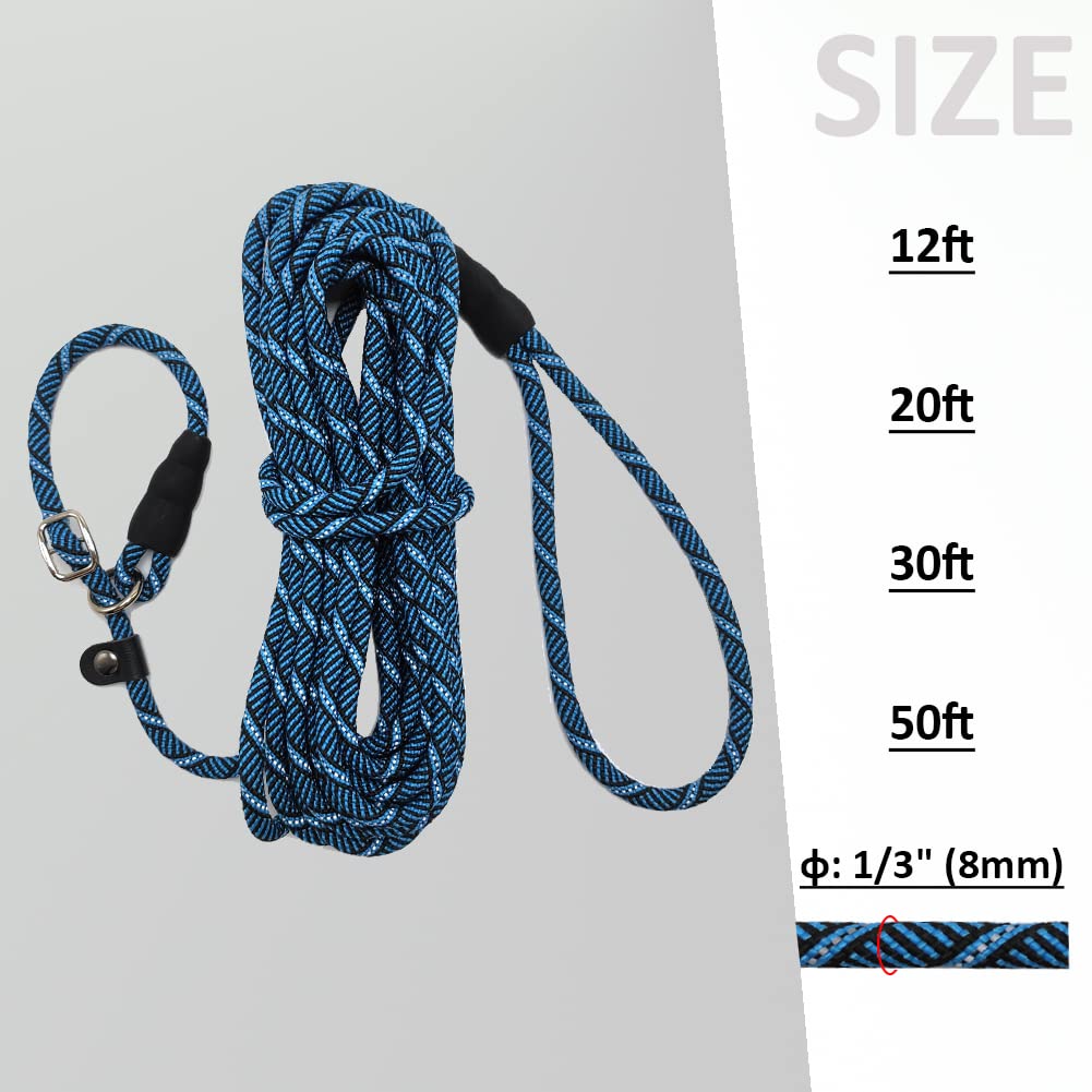 Sepxufore Reflective Long Dog Leash Slip Lead, No-Choking 12 Ft/20 Ft/30 Ft/50 Ft Rope Training Lead For Medium Dogs Small Puppy Pets Behavior Active Playing (12Ft, Blue)