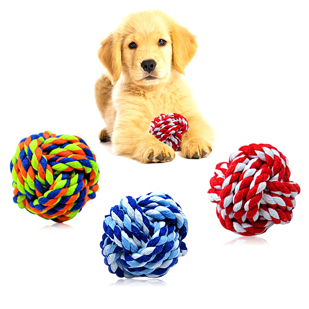 Wellbro Pet Chew Toy, Knots Weave Cotton Rope, Biting Small Ball For Dogs & Cats, 3 In One Pack