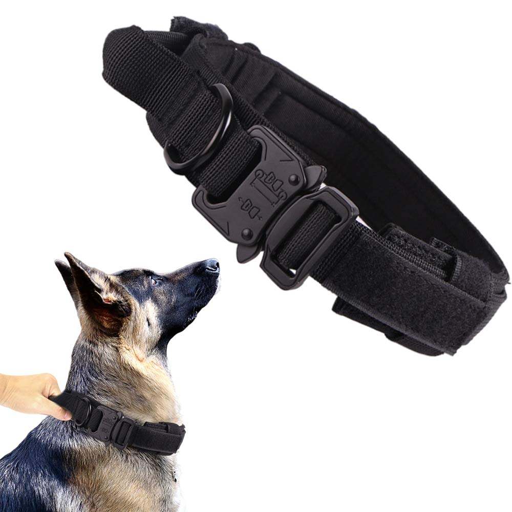 Tactical Dog Collar Military Dog Collar Adjustable Nylon Dog Collar Heavy Duty Metal Buckle With Handle For Dog Training ( Black