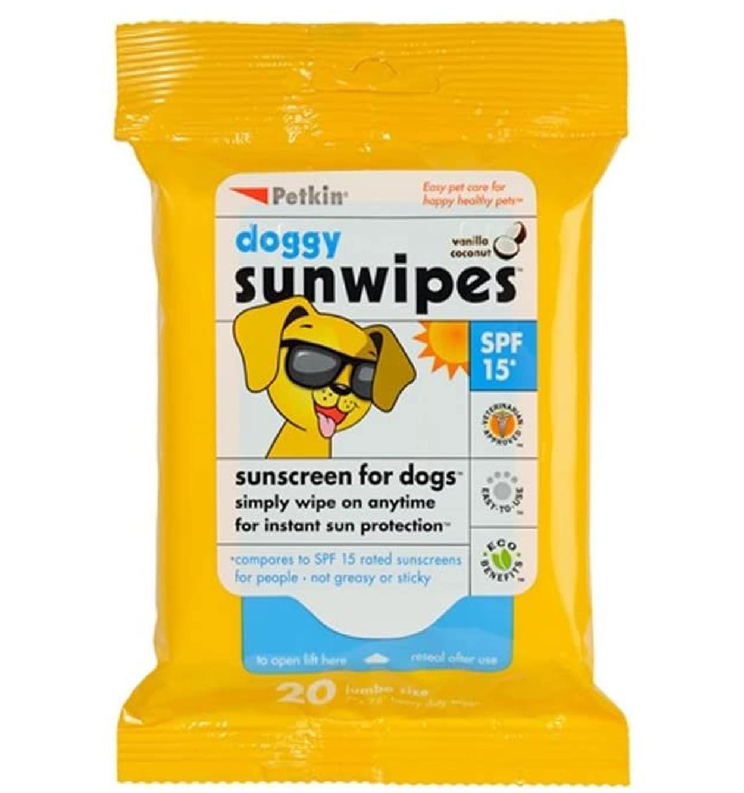 Petkin Dog Sunscreen Sunwipes - Sunscreen For Dogs, Spf 15 - Simply Wipe On Anytime For Instant Sun Protection - Includes 20 Jumbo Size Wipes, Vanilla Coconut Scent - Ideal For Home Or Travel