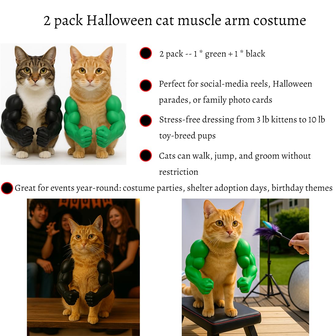 2 Pack Cat Kitten Clothes Costume - Pet Halloween Muscle Arms Costumes Outfits for Cats - Muscular Biceps Apparel