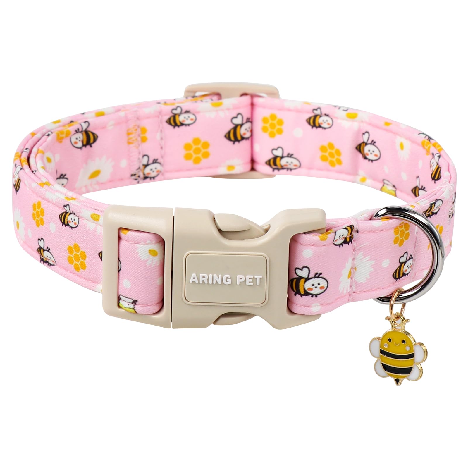 Aring Pet Summer Dog Collar-Cute Pink Bees Dog Collars, Adjustable Bees&Daisy Print Pet Collars Puppy Collar With Quick Release 