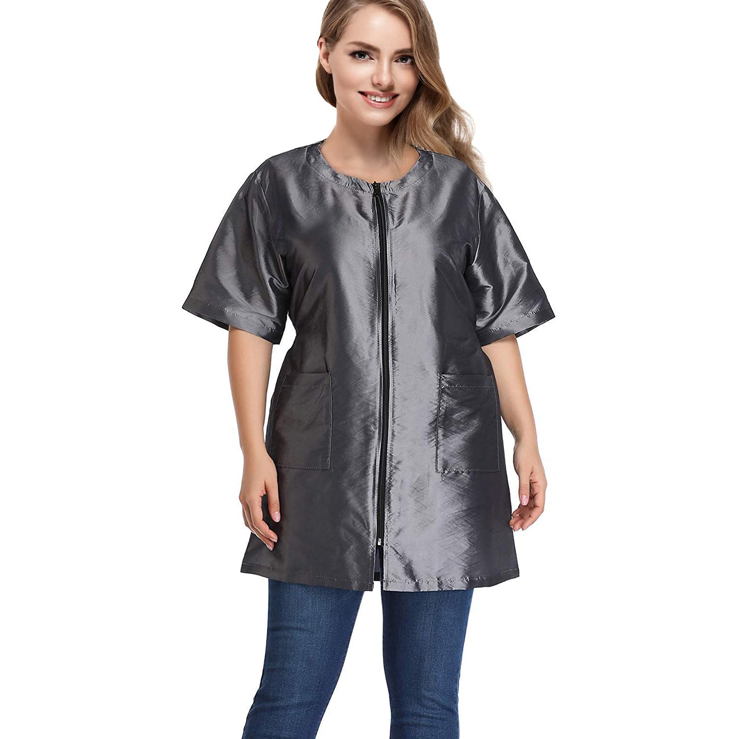 Noverlife Pet Grooming Workwear With Long Full Zipper, M Size, Lightweight Hair Grooming Smock Jacket, Anti-Static Pet Work Clothes, Hair Stylist Splash Proof Apron For Spa Salon Beauty Dog Groomers