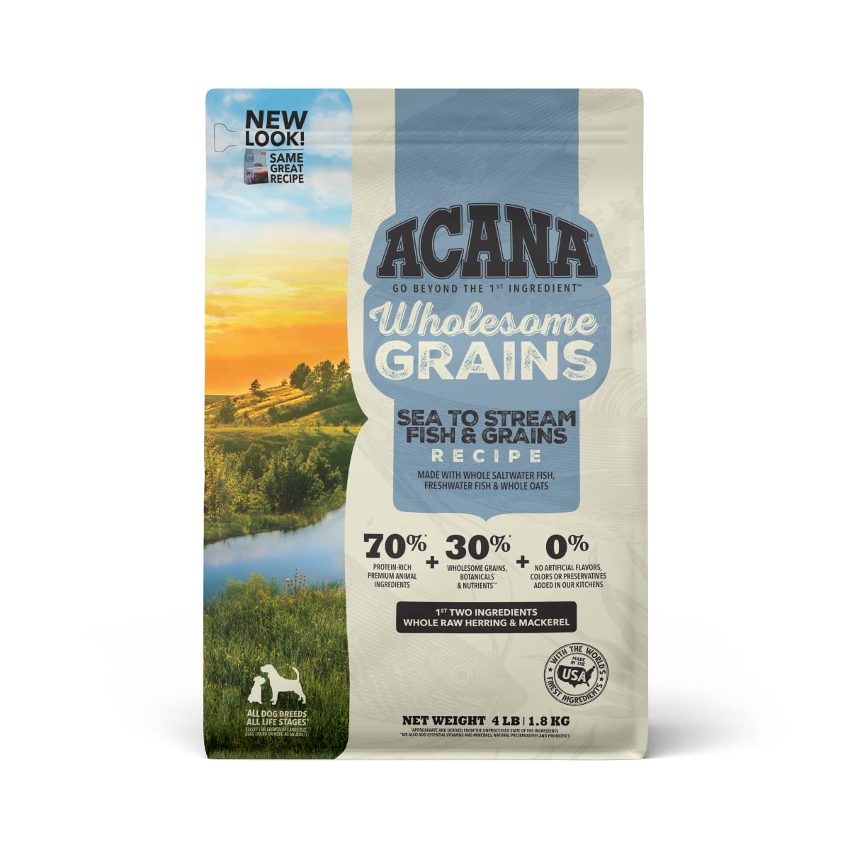 ACANA Wholesome Grains Dry Dog Food, Sea to Stream, Saltwater and Freshwater Fish & Grains Recipe, 4lb