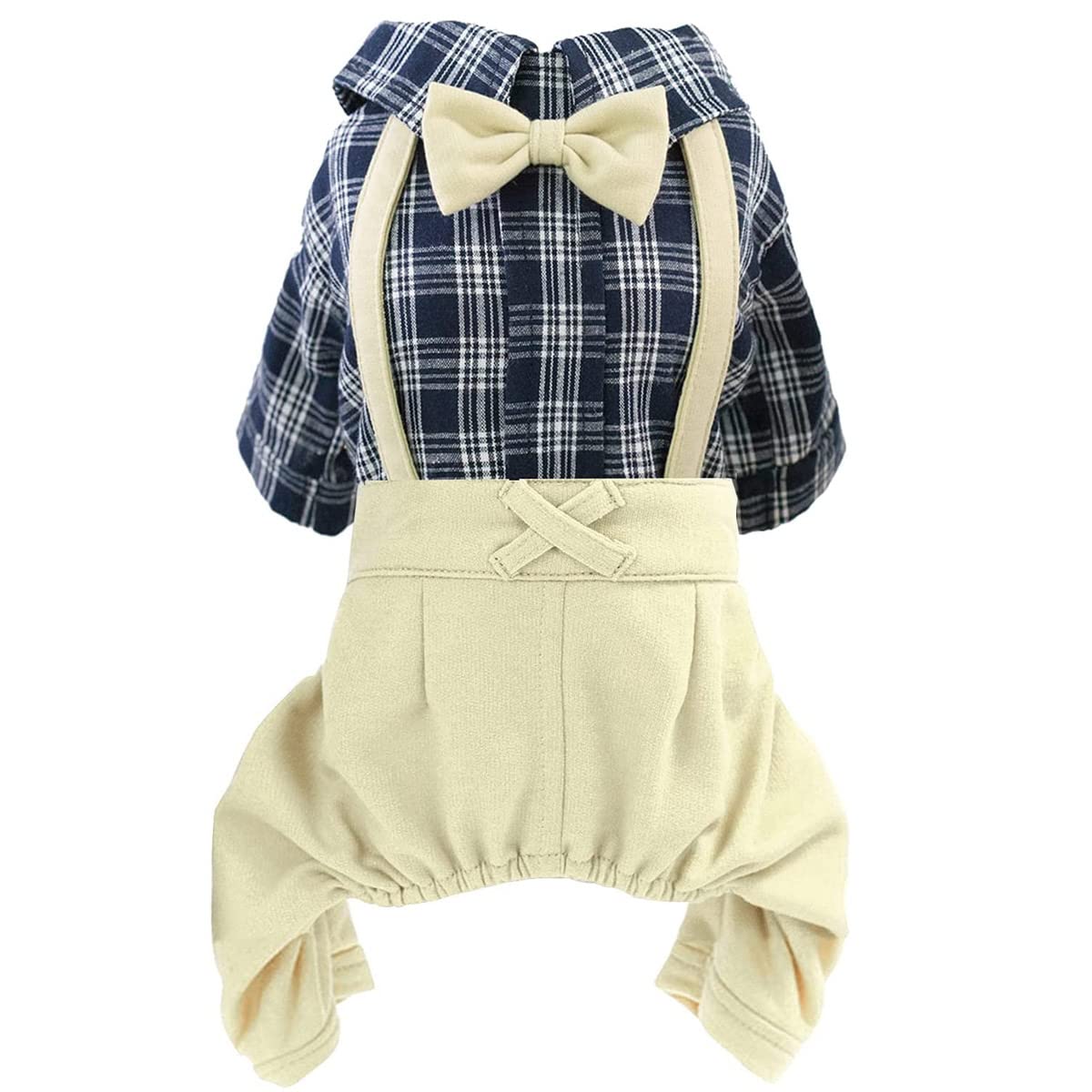 Pet Clothes Dog Shirts Classic Plaid Striped Overall Jumpsuit, Gentle Puppy Wedding Birthday Western Onesies Apparel, Fashion Daily Outfit With Bowtie For Dogs And Cats (Small, Khaki)