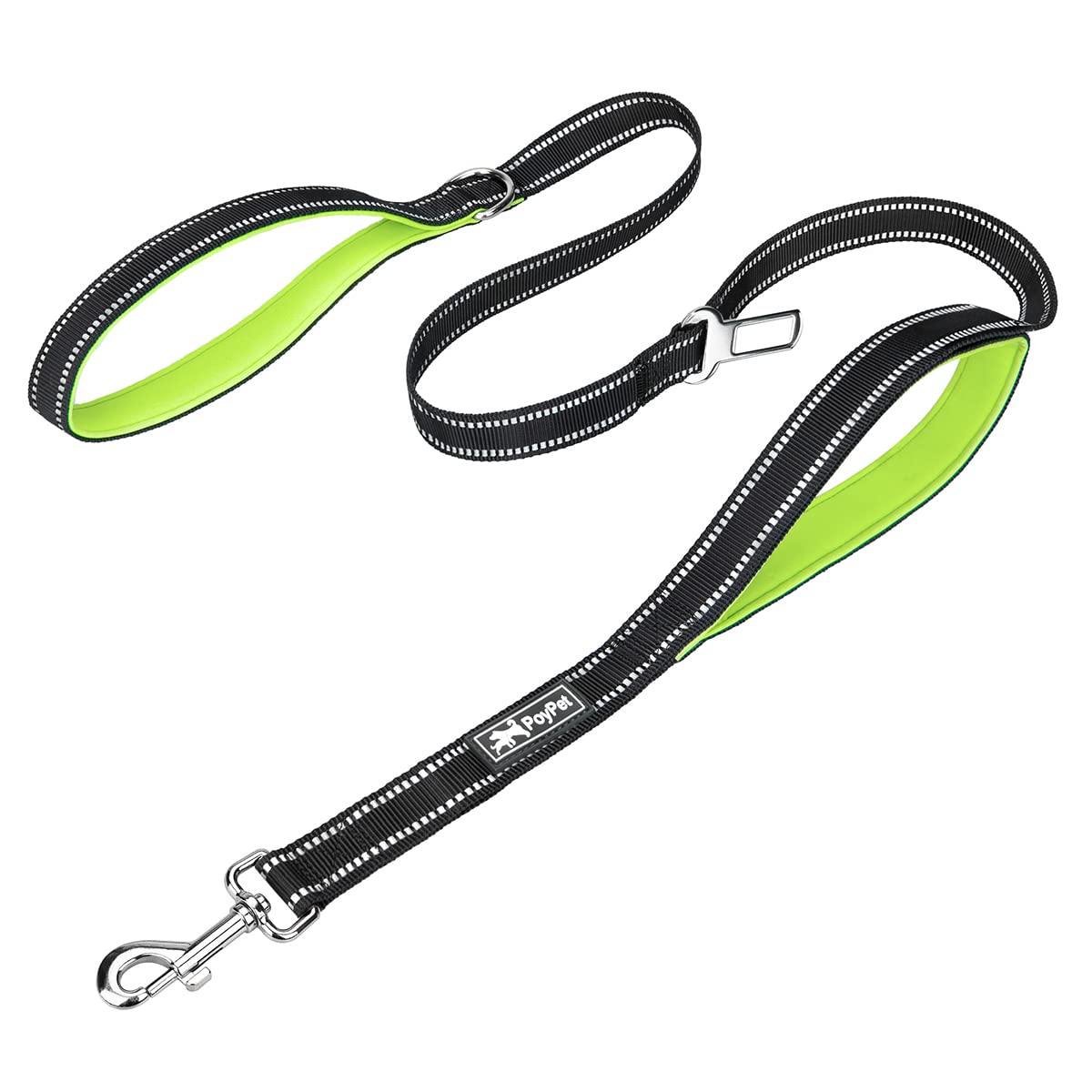 Poypet 5 Feet Dog Leash - 3M Reflective - 2 Cushioned Handles - Functional Car Seat Belt(Green)