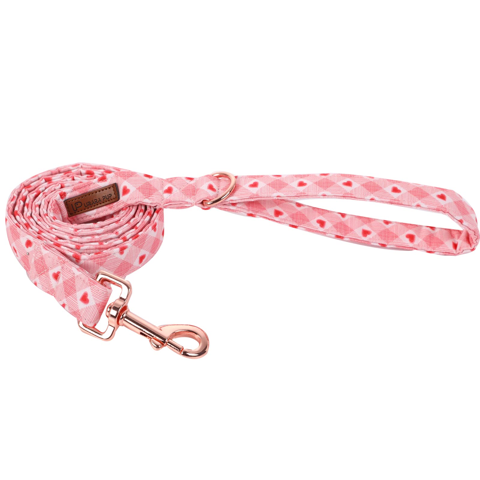 Up Urara Pup Valentine Dog Leash Match Dog Collar, Sturdy Durable Valentines Cotton Dog Leash, Plaid Heart Wedding Dog Training 