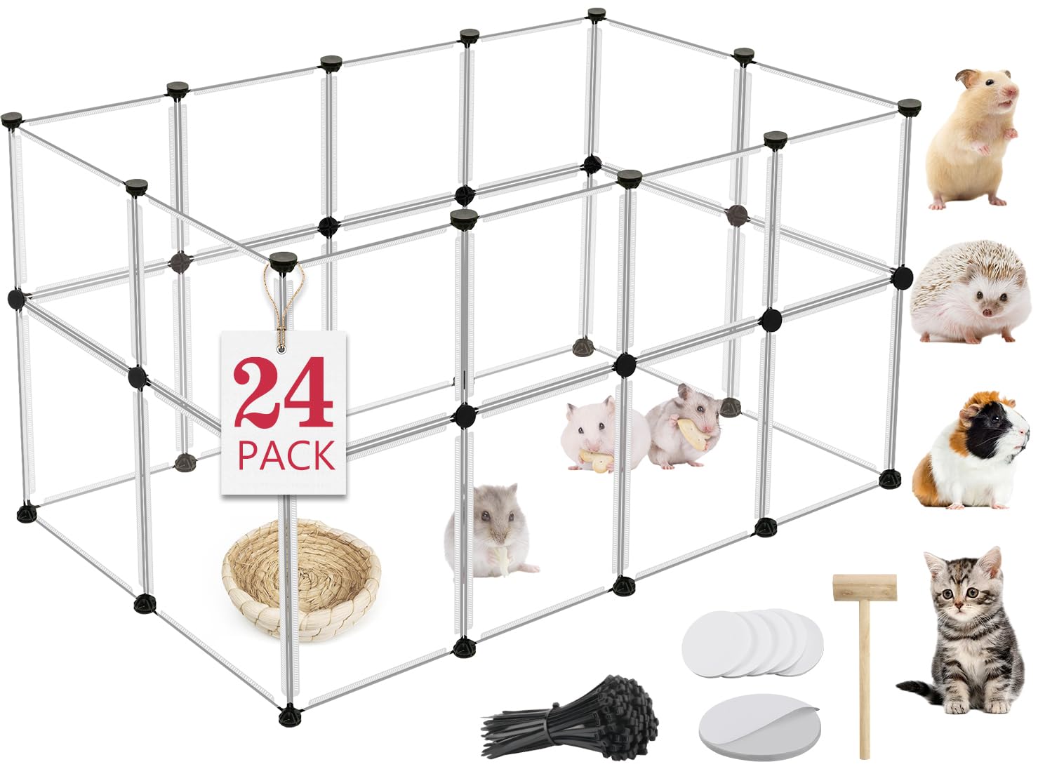 24 Panels Portable Small Animals Playpen,48''X 24''X 28'' Transparent Pet Playpen,Portable Plastic Enclosure,Puppy Play Pen For 