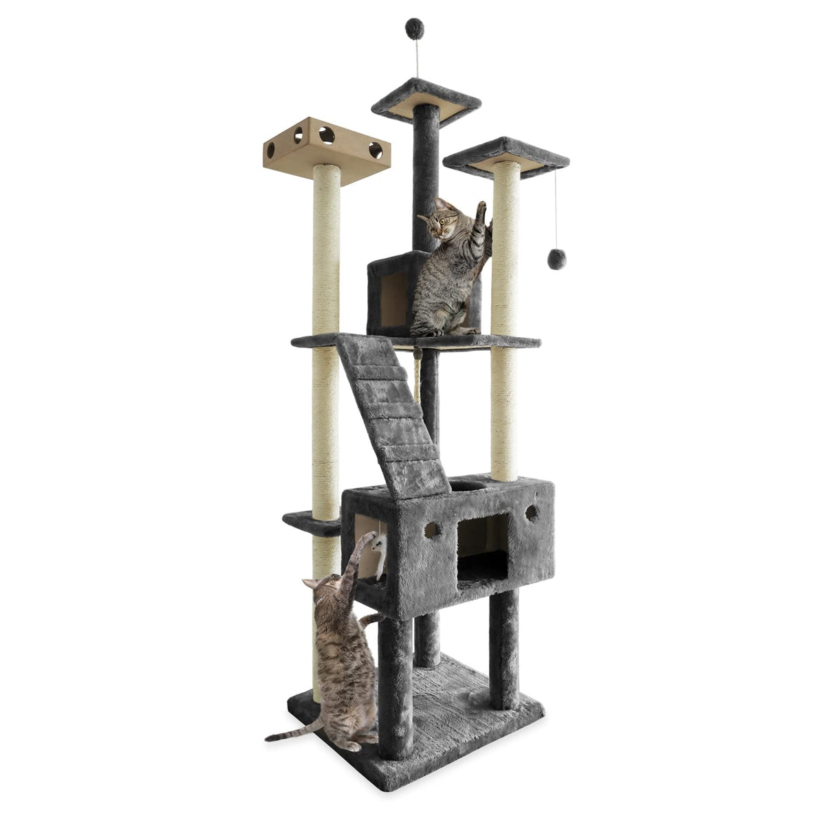 Furhaven 69.3'' Tall Cat Tree For Indoor Cats, Ft. Sisal Scratching Posts, 2X Cat Condos, & Toys - Tiger Tough Double Decker Int