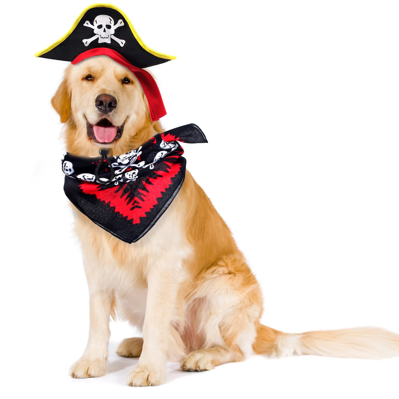 Aichiyu 2 Pieces Skull Print Pet Pirate Hat With Pirate Skull Bandana Dog Cat Captain Cap Halloween Pirate Cosplay Costume Halloween Party Hat Dress Up Costume Accessories (A) One Size