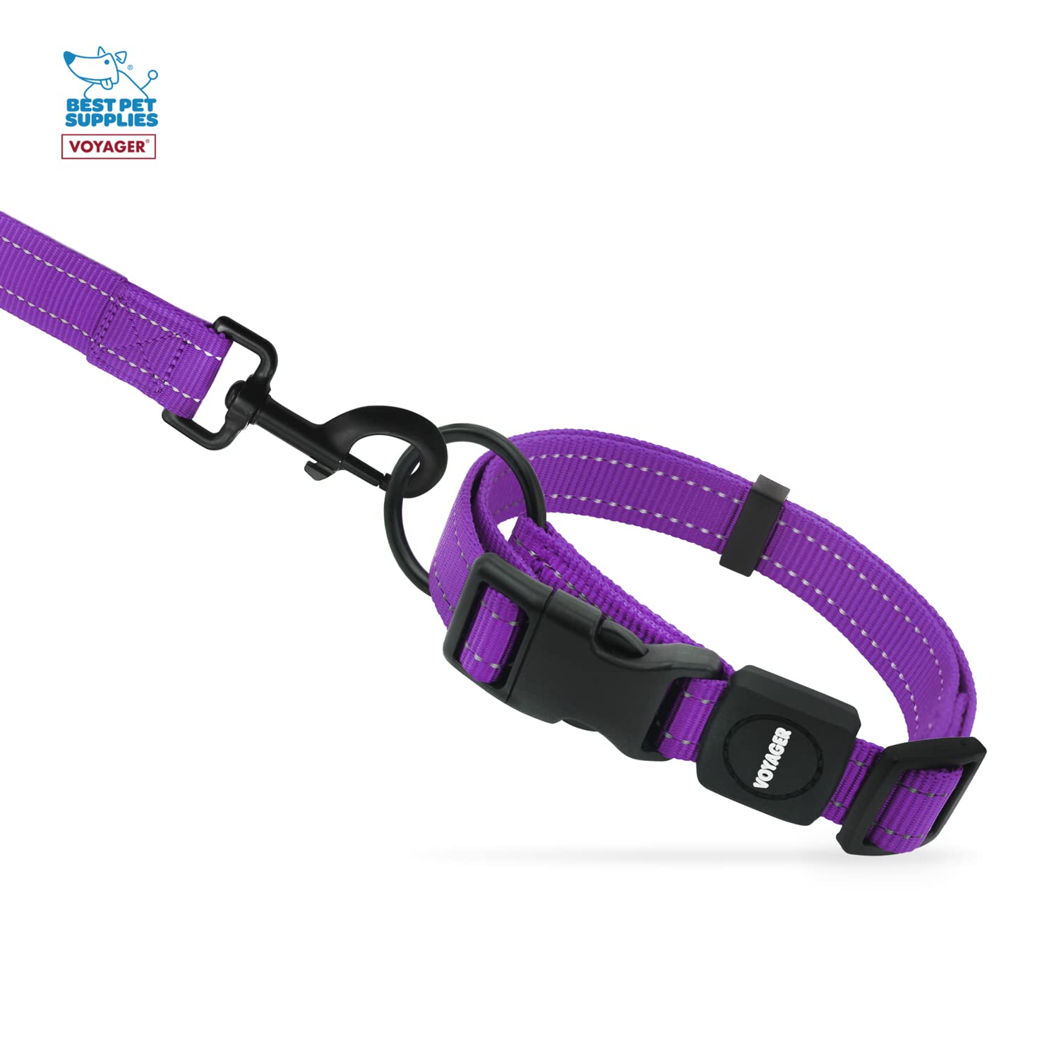 Voyager Reflective Dog Leash Collar Set With Neoprene Handle Supports Small, Medium, And Large Breed Puppies, Cute And Heavy Duty For Walking, Running, And Training - Purple, L
