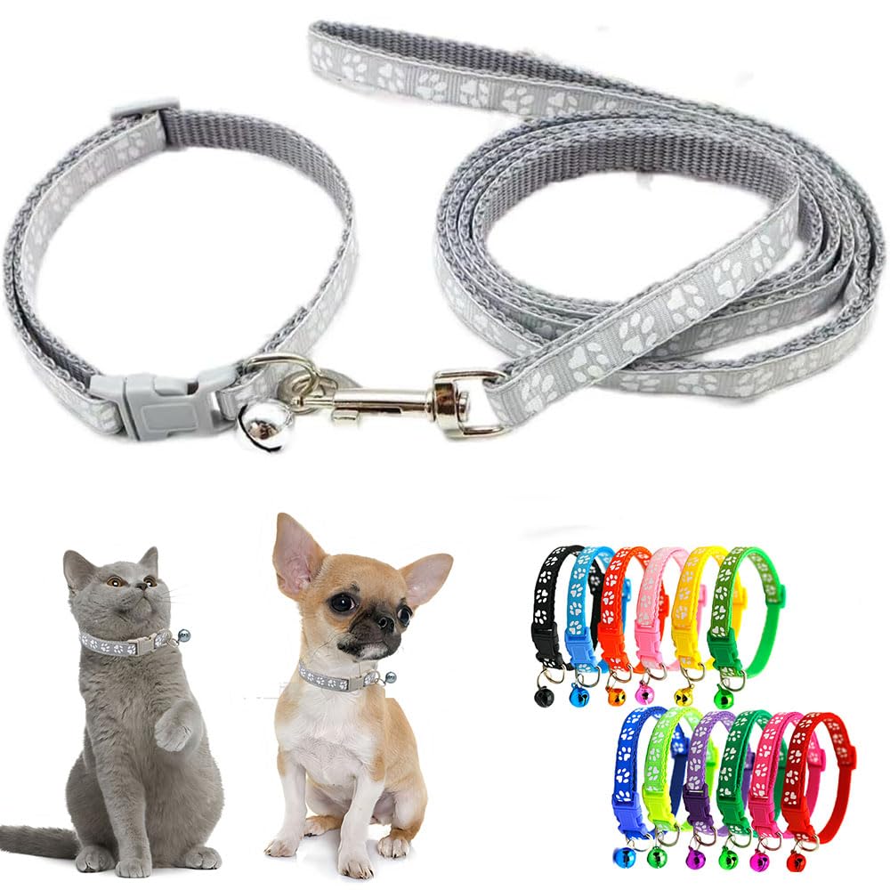 Gray Xxs Dog Collar With Bell Leash Set, Nylon Basic Reflective Puppy Collars Paw Print For Boys Girls Xs Small Cat Pet Animal L