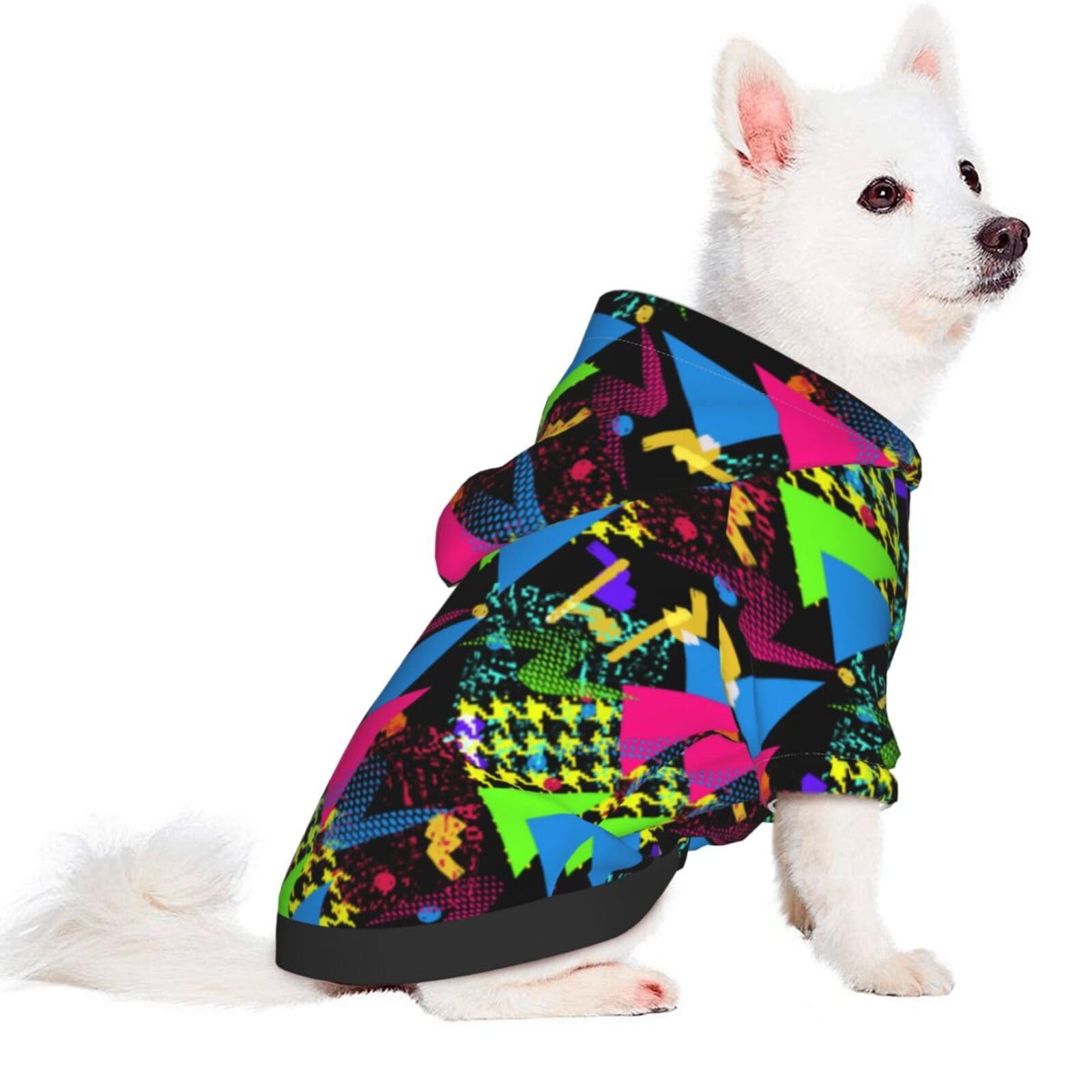 Dog Hoodies Puppy Sweater Cold Weather Dog Coats Soft Pet Clothes Hooded Sweatshirt For Dog Cat (Black Colorful Geometric 80S 90