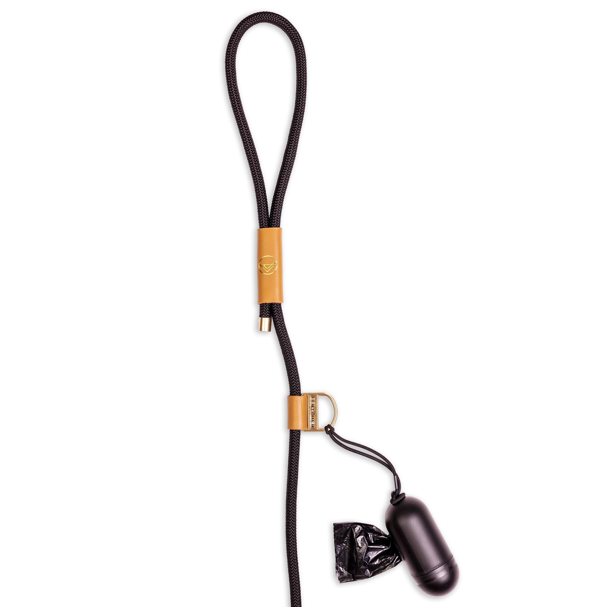 Remy+Roo Manhattan Black 5 Ft Heavy Duty Dog Leash | Custom Waste Bag Ring | Double Stitched Leather Dog Leash | Lobster Clasp | Brass Finishes | Strong Dog Leash For Large Medium And Small Dogs