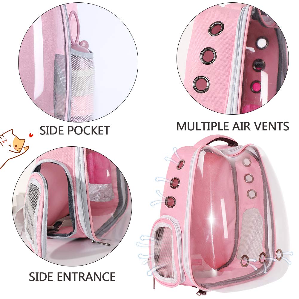 JUNIQUTE Pink Bird Backpack Carrier with Portable Feeder Cups, Airline-Approved, Ventilated Space Capsule for Travel & Hiking