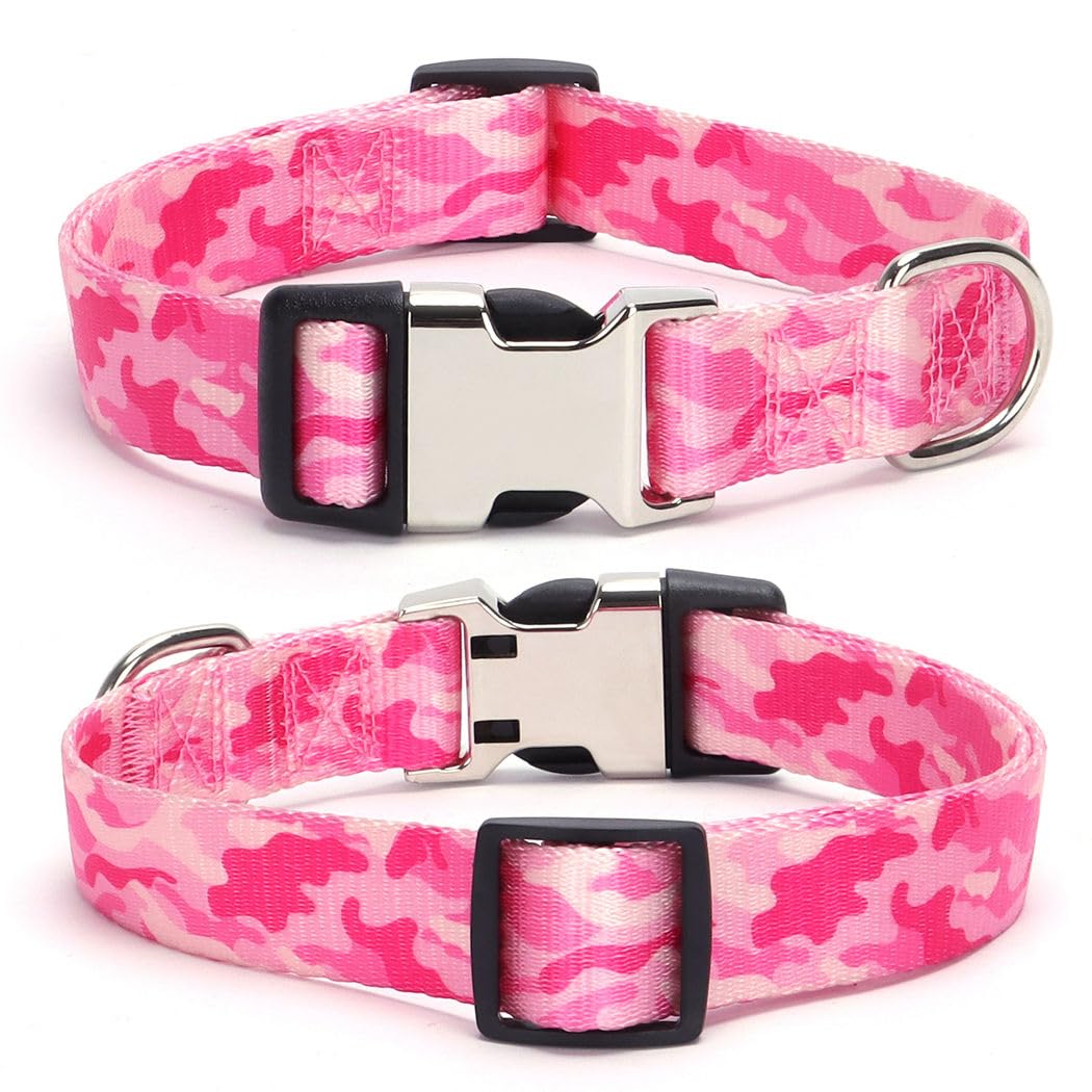 Pink Camo Dog Collars For Large Dogs, Pretty Pattern Print Camouflage Dog Collar Metal Buckle Durable Soft Girl Puppy Collars Fo