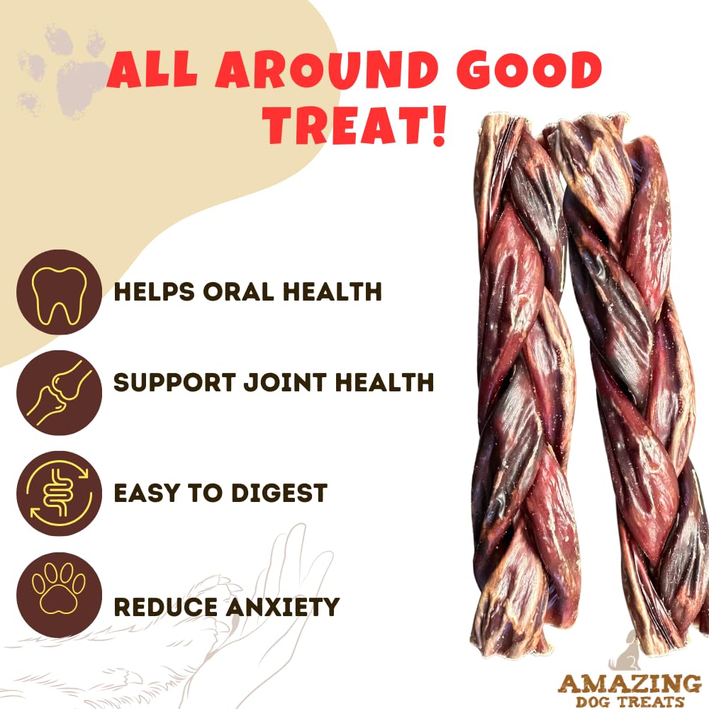 Amazing Dog Treats - 6 Inch Braided Gullet Stick (4 Pc/Pack) - Dog Jerky Treats - Beef Esophagus -Gullet for Dogs - Beef Esophag