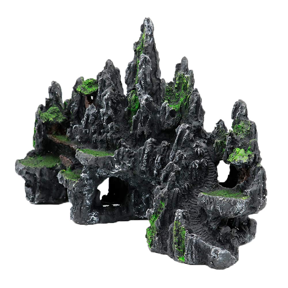 Pakykai Large Fish Tank Decorations, Mountain View Aquarium Ornament With Tree House Cave Bridge Artificial Plastic Plants Aquarium Decorations
