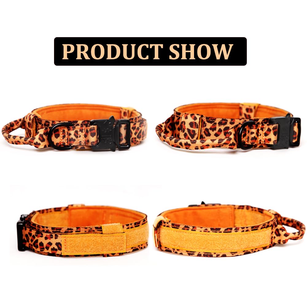 Tactical Nylon Dog Collar - Adjustable, Heavy Duty Metal Buckle With Handle For Training (Leopard, M)