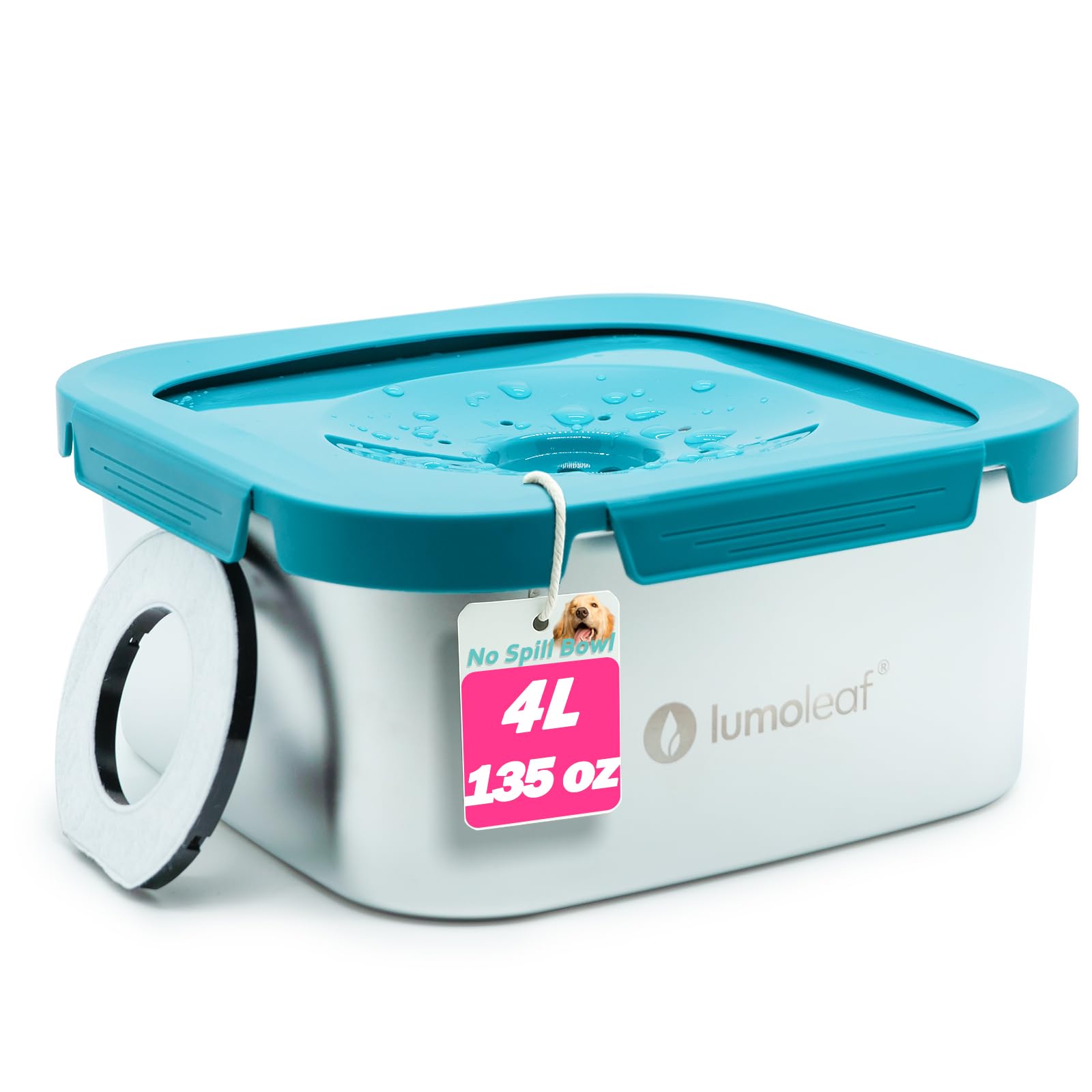 Lumoleaf No Spill Water Bowl For Large Dogs With Filter, 135Oz/4L, Slow Feeder For Messy Drinkers, Drip-Free & Splash-Proof, For