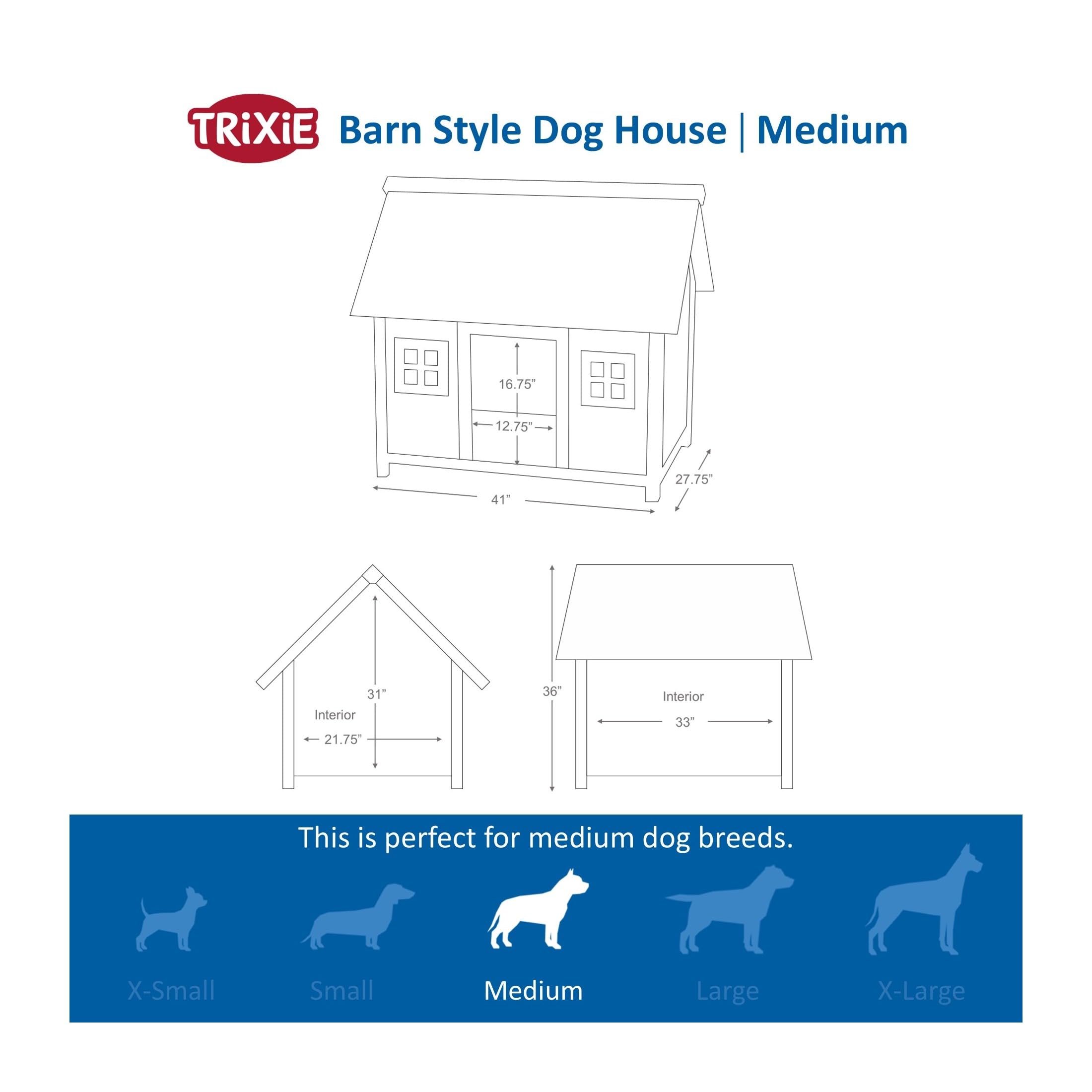 TRIXIE Natura Outdoor Dog House - Wooden Shelter for Small to Medium Dogs, Weatherproof, Gray, Model 39501, 41"x27.75"x36"