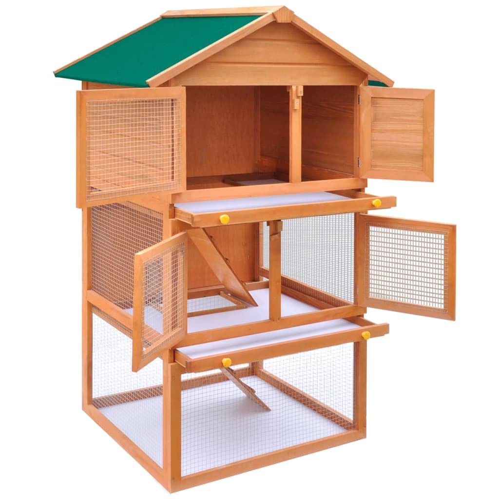 vidaXL Outdoor Wooden Rabbit Hutch, 3-Tier Small Animal House/Pet Cage - Weather-Resistant Roof and Iron Wire Mesh for Visibility & Ventilation - Ladders & Pull-Out Trays for Easy Cleaning