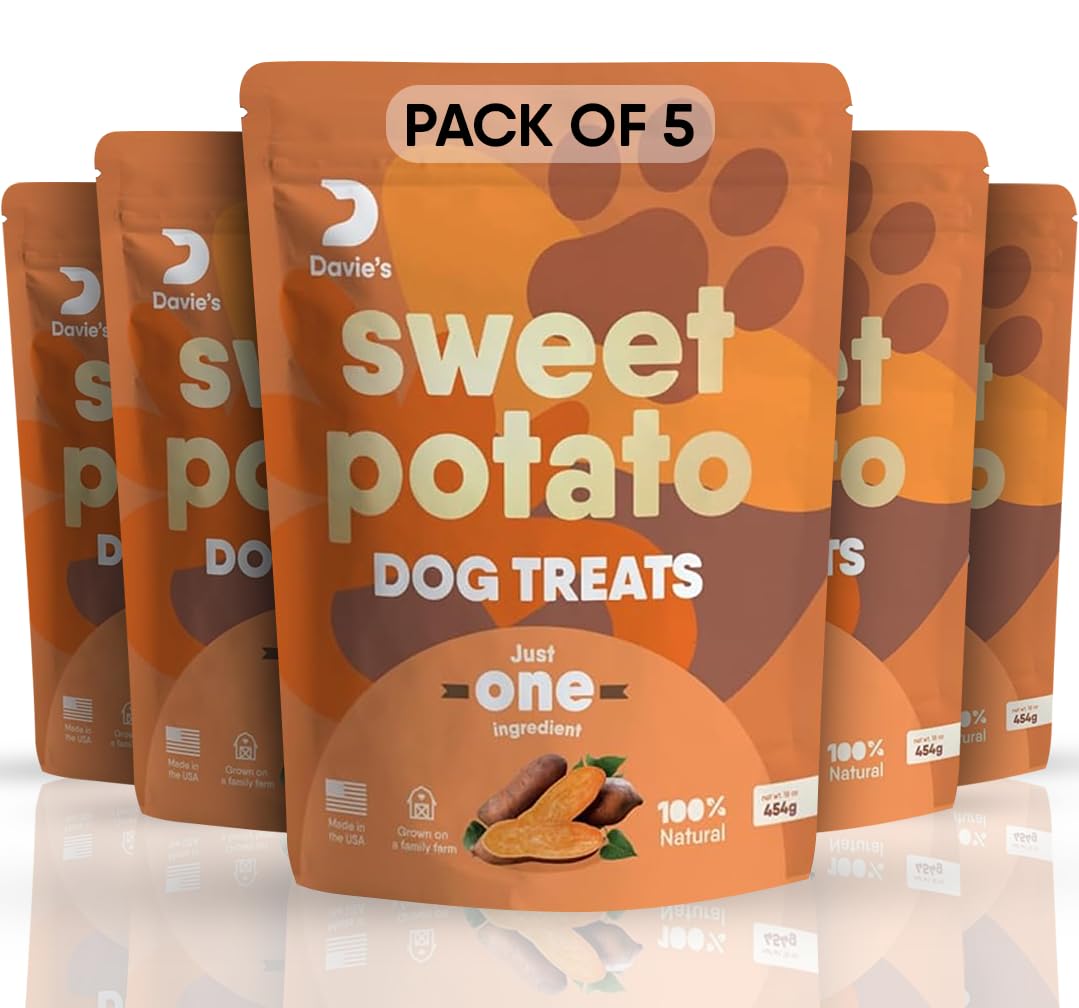 Davies Sweet Potato Dog Treats - Healthy Dog Chews, Low Fat, Made in USA, 1 lb Bag - Pack of 5