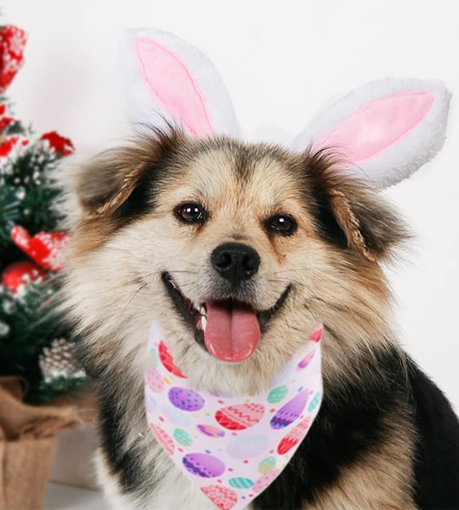 Aniac Easter Dog Headband And Egg Bandanas Set Plush Bunny Ears Costume For Small Medium Large Dog Pet Easter Costume Accessorie