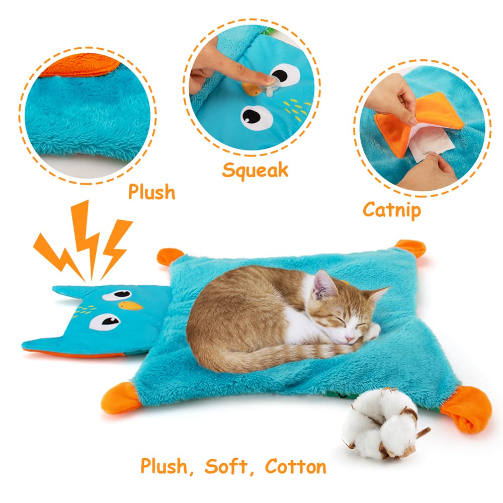 Awoof Cat Mat, Cute Soft Catnip Mat, Cat Activity Mat Machine Washable Catnip Toys Interactive Cat Toys For Indoor Cats, Self-Warming Crinkle Mat Cat Blanket For Small Medium Large Cats With 7 Pockets