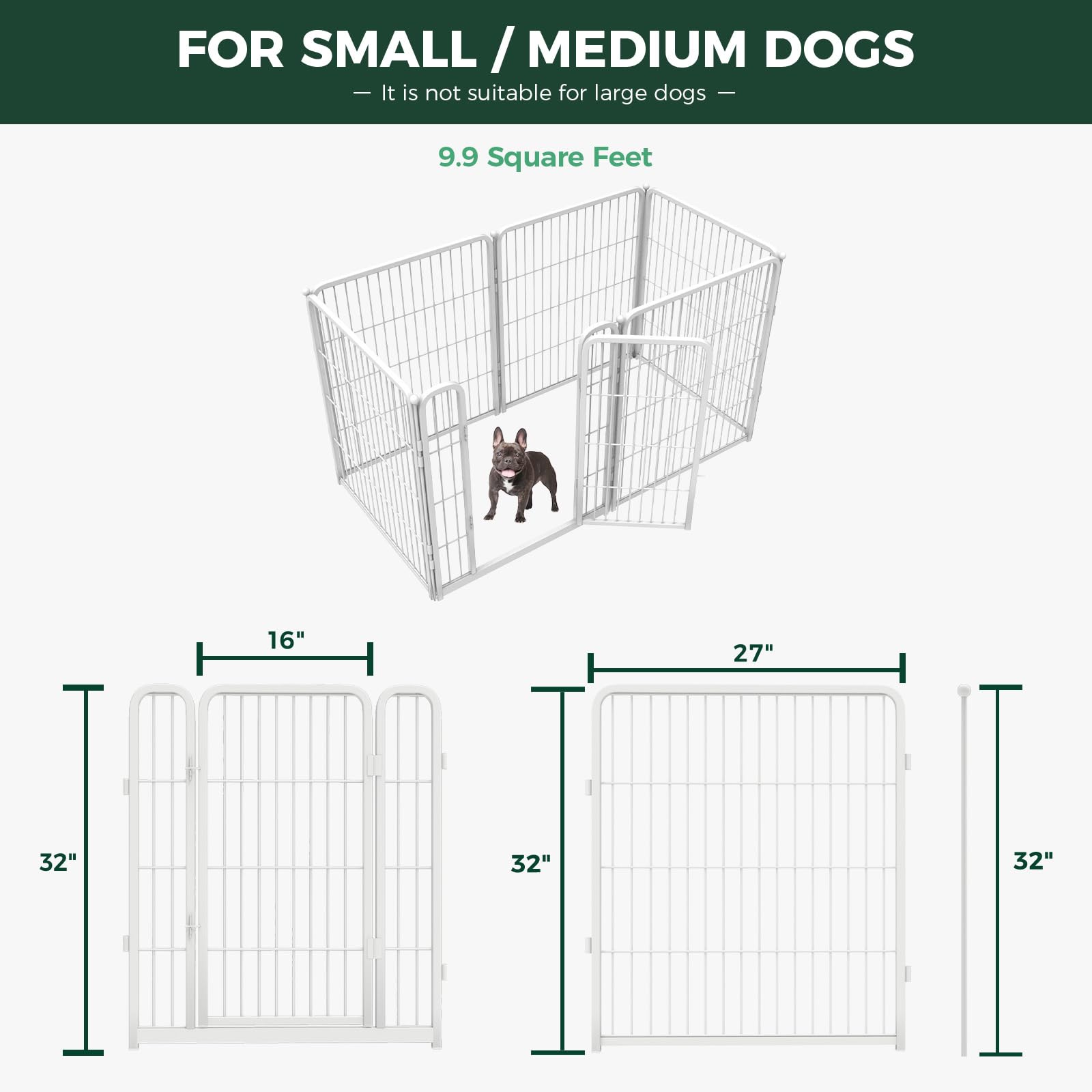 FXW Dog Playpen - Heavy Duty Metal 32" Indoor Dog Pen for Small & Medium Dogs, White - Safe & Stress-Free Play Area