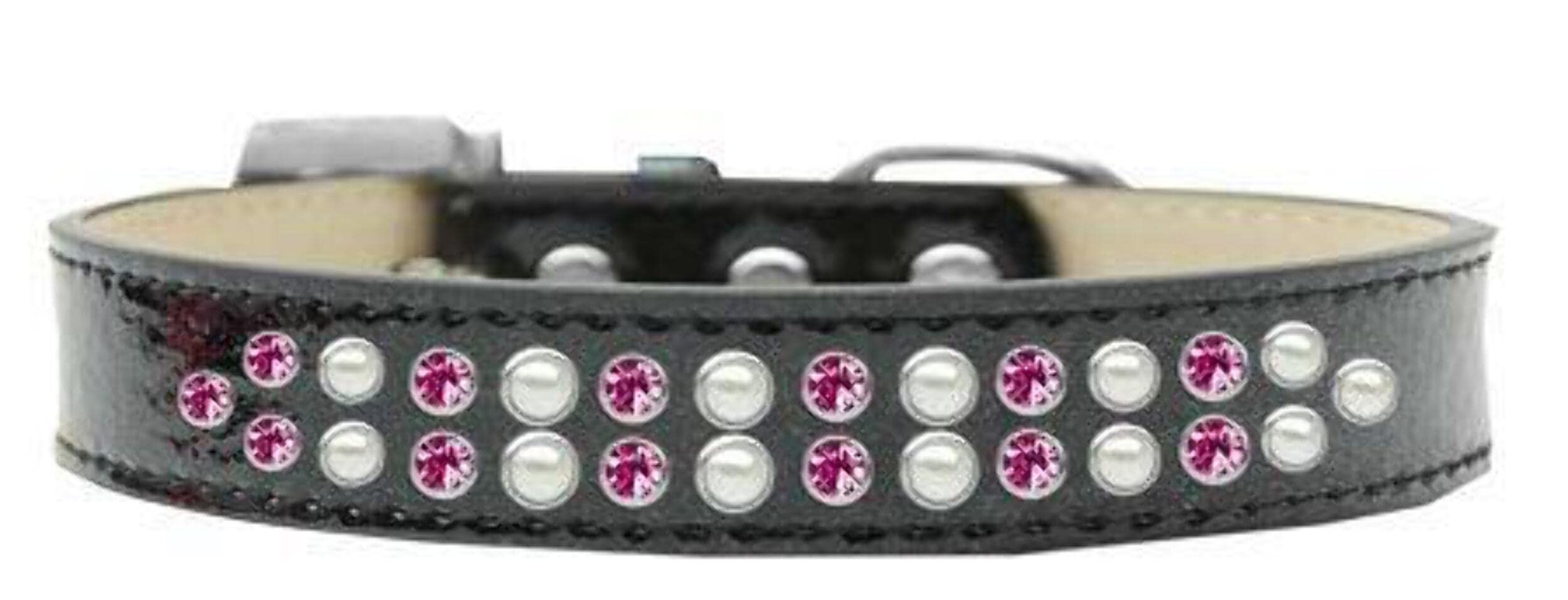 Mirage Pet Products Two Row Pearl and Pink Crystal Ice Cream Dog Collar, Size 14, Black