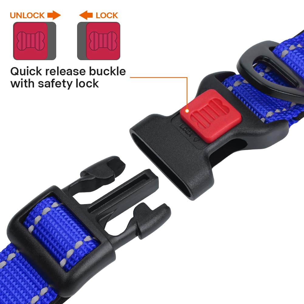 Taglory Reflective Dog Collar With Safety Locking Buckle, Adjustable Nylon Pet Collars For Extra Large Dogs Female Male, Navy Blue, Xl
