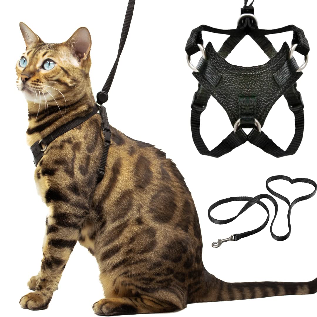 Houdini Escape Proof Cat Harness And Leash Set By Outdoorbengal For Walking Cats And Kittens (Vegan Leather, Large Cat)