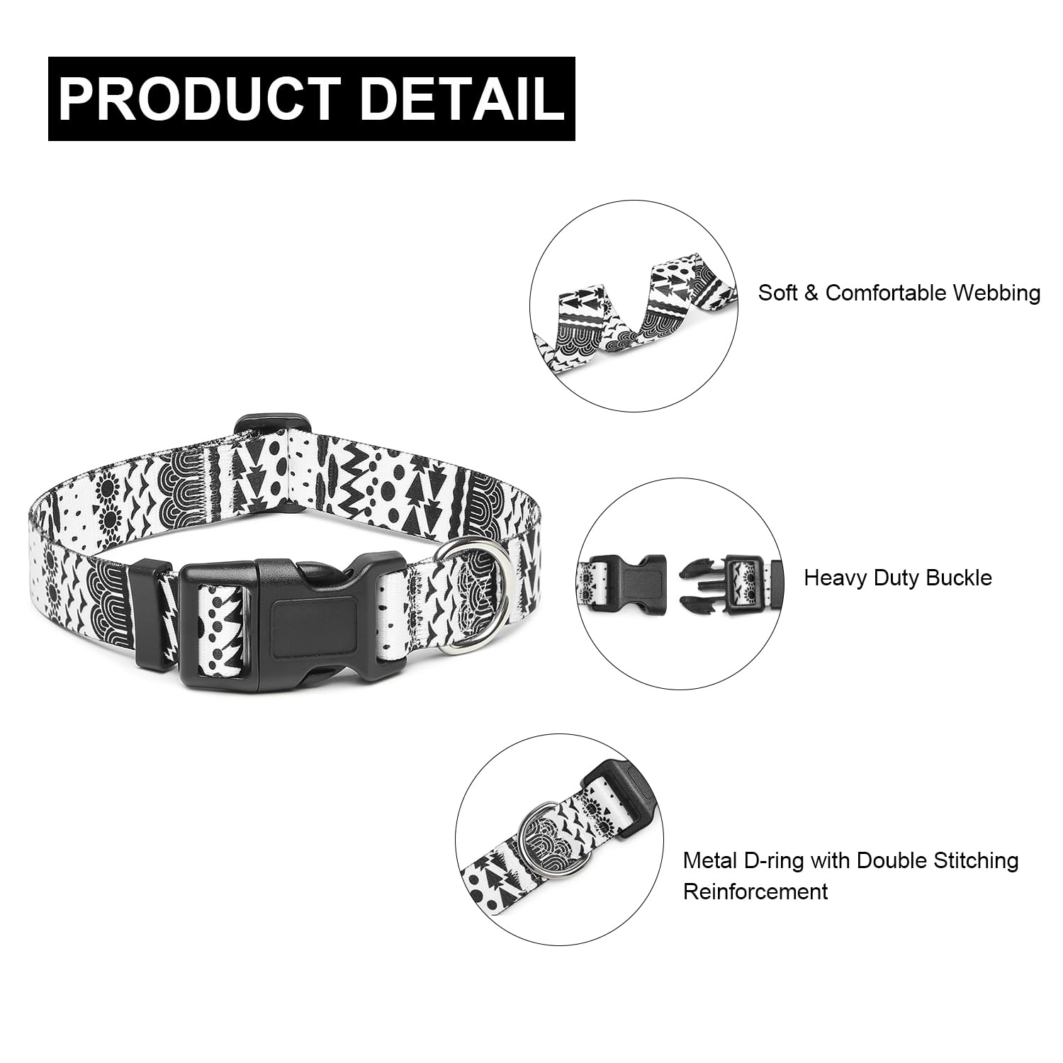 Mercano Adjustable Dog Collar - Special Design Patterns, Soft Nylon Comfortable Durable Pet Collar For Small Medium Large Dogs (S, Black White B)