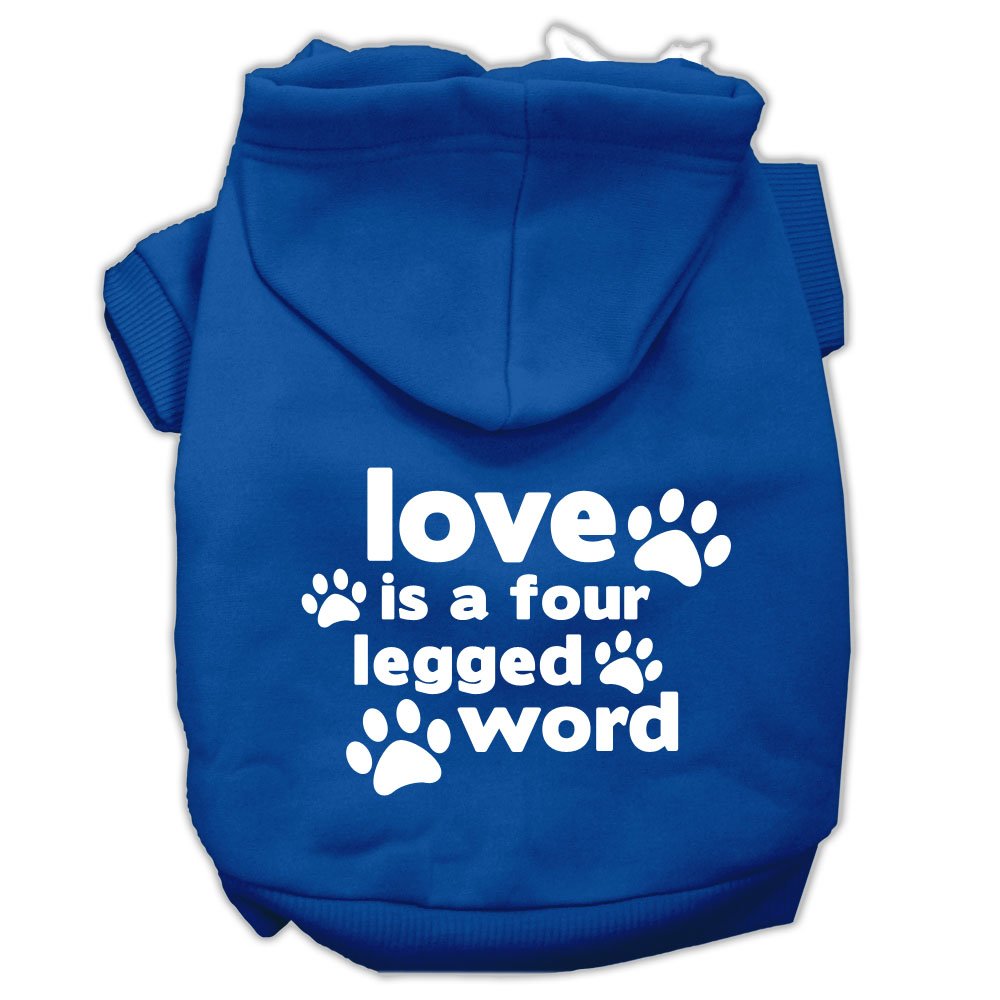 Pet Dog & Cat Hoodie Screen Printed, 'Love Is A Four Legged Word' Blue Sm (3-6 Lbs.)