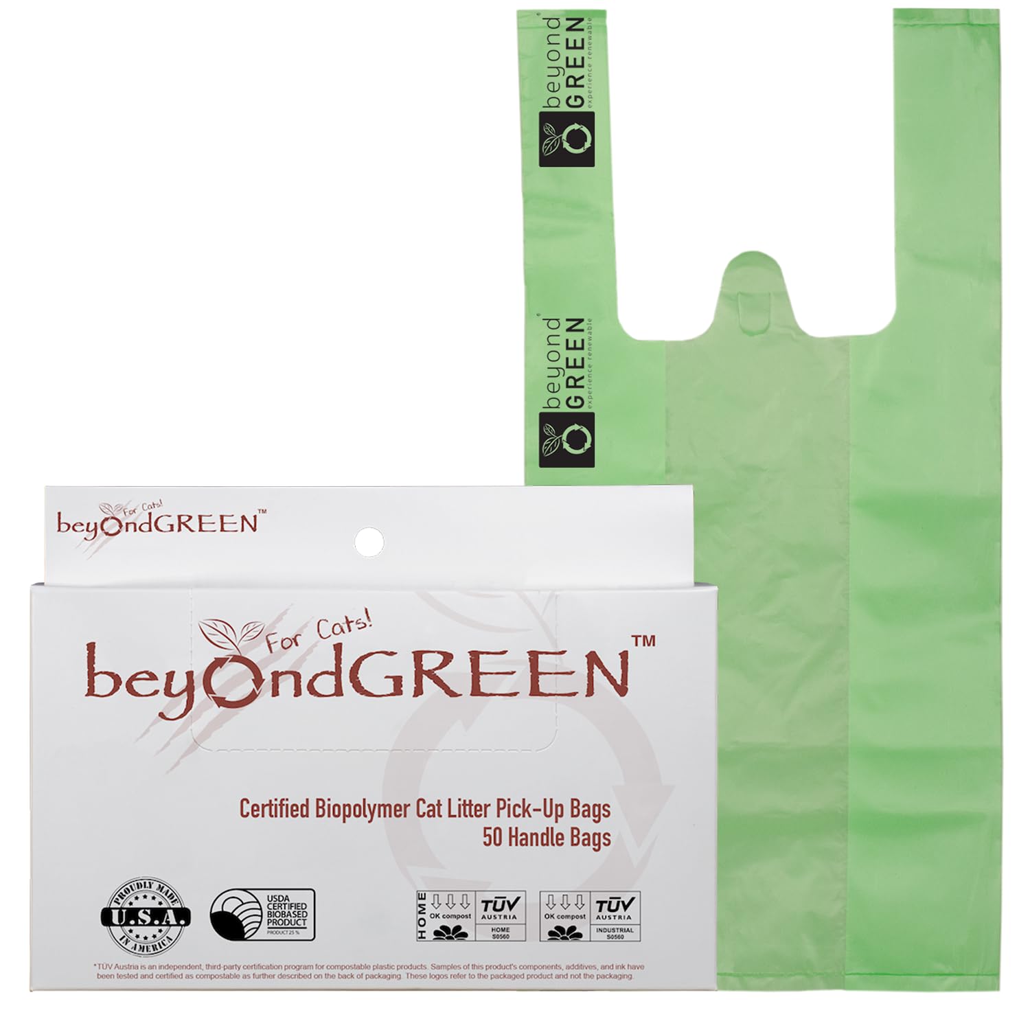 Beyondgreen Plant-Based Cat Litter Poop Waste Pick-Up Bags With Handles - 50 Bags - 8 In X 16 In