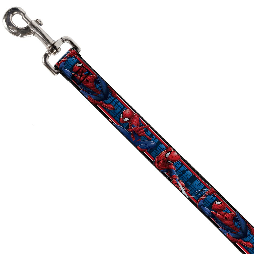 Buckle-Down Dog Leash Spider Man 3 Action Poses Bricks Stripe Blues Red White, Multicolor, 4 Feet Long 1' Wide