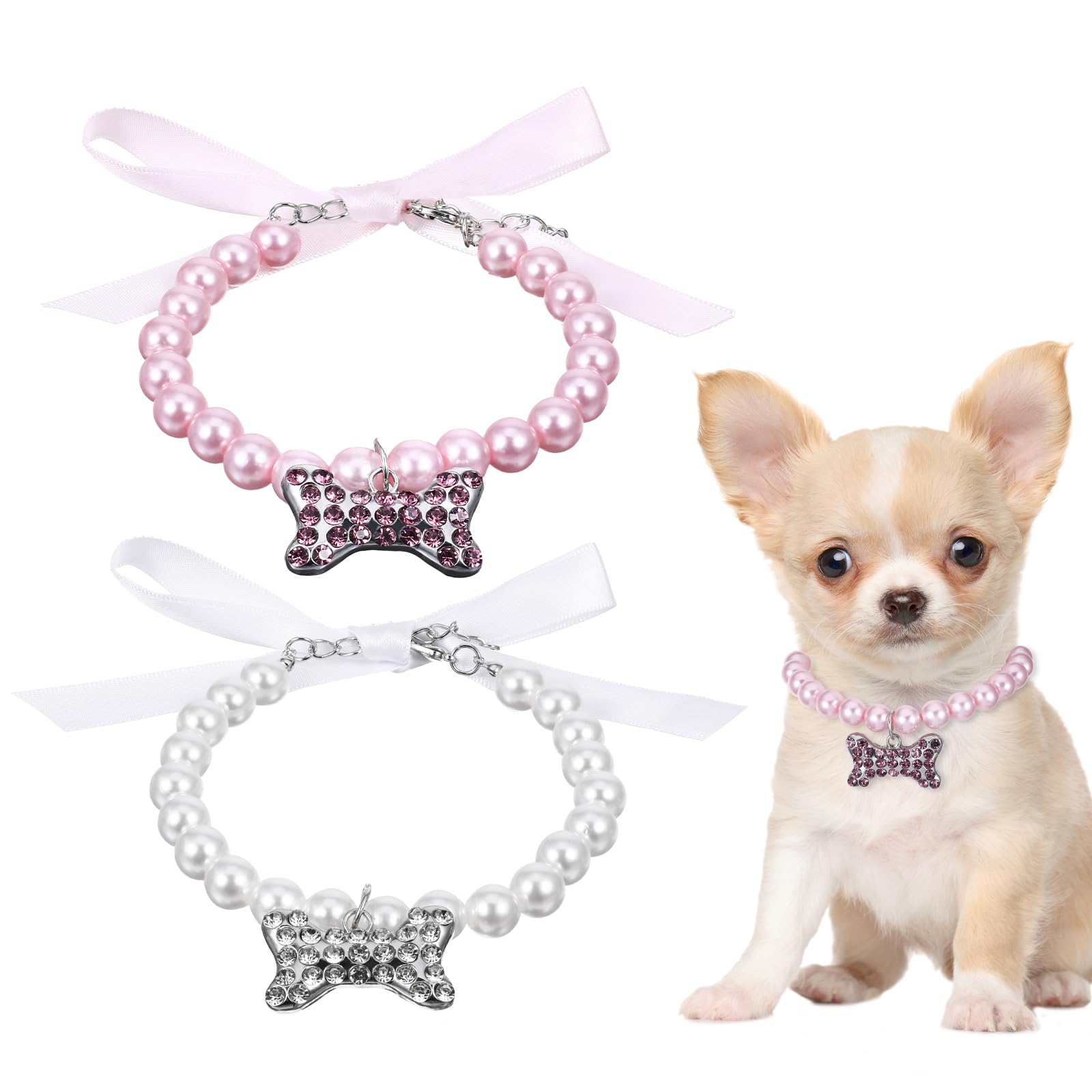 Dimeho 2 Pcs Dog Pearls Necklace Jewelry With Rhinestone Bone Puppy Cute Pet Collars Necklace Bling Fancy Cat Wedding Collar Jew