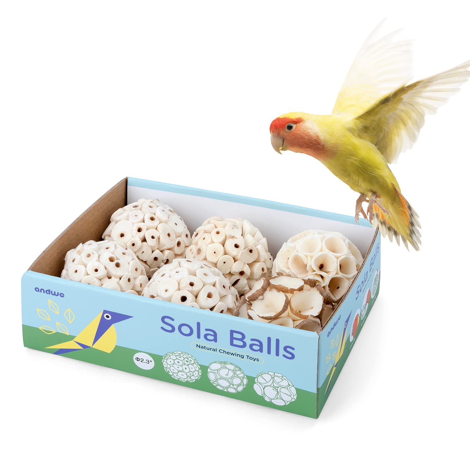 Andwe Bird Toy Sola Balls - Natural Soft Chew Shredding & Foraging Toy For Cockatiel Conure Quaker Parrot Budgie Parakeet Rabbit