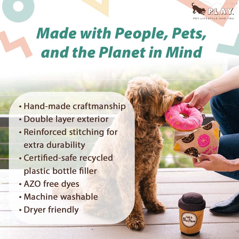P.L.A.Y. Cute Plush Dog Toys - Coffee Shop Food Themed Durable Squeaker Chew Toy, Great for Puppies & Small, Medium, Large Dogs