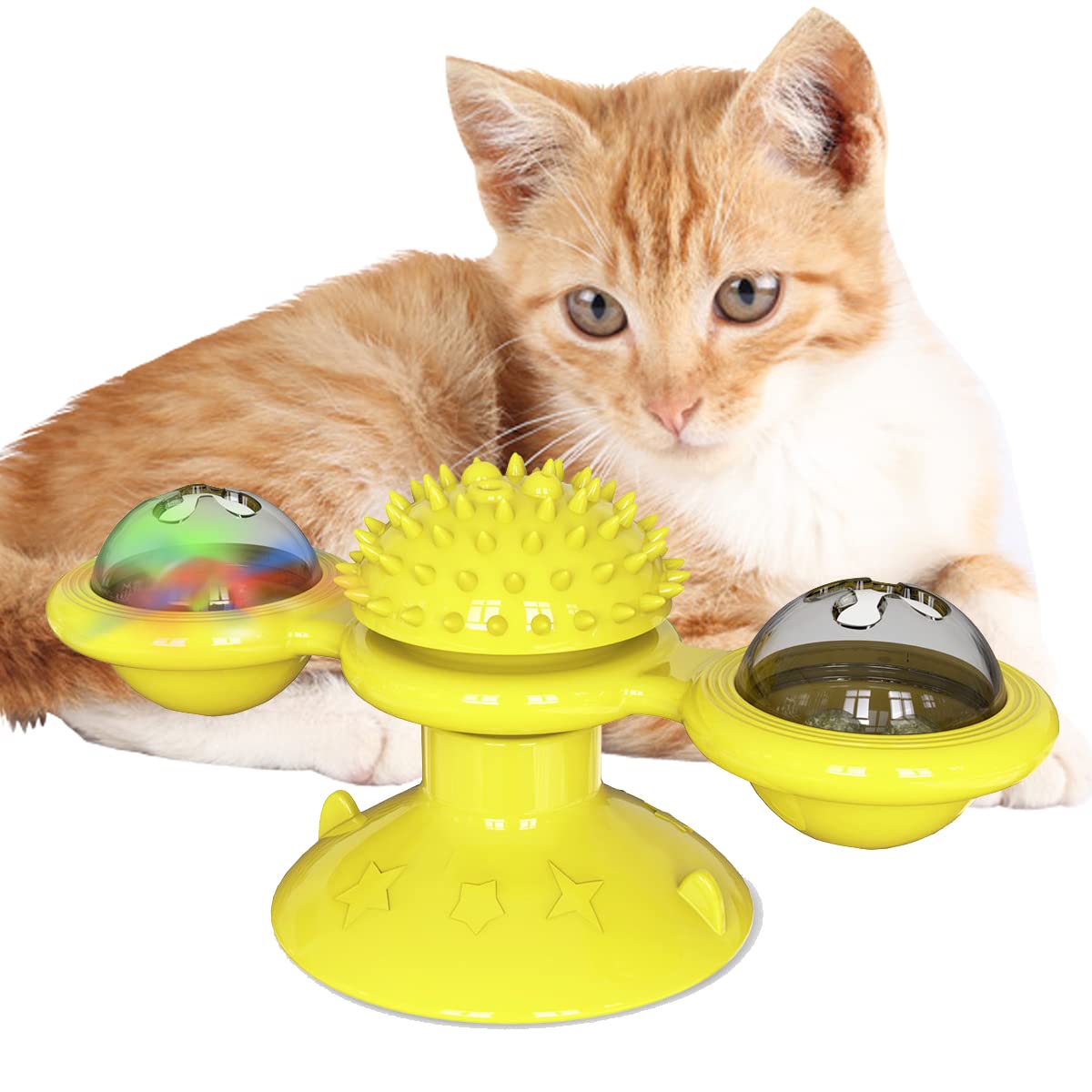 Cdipesp Windmill Cat Toy With Catnip, Interactive Cat Spinning Toys With Suction Cup Kitten Turntable Massage Toy For Indoor Cats (Yellow)