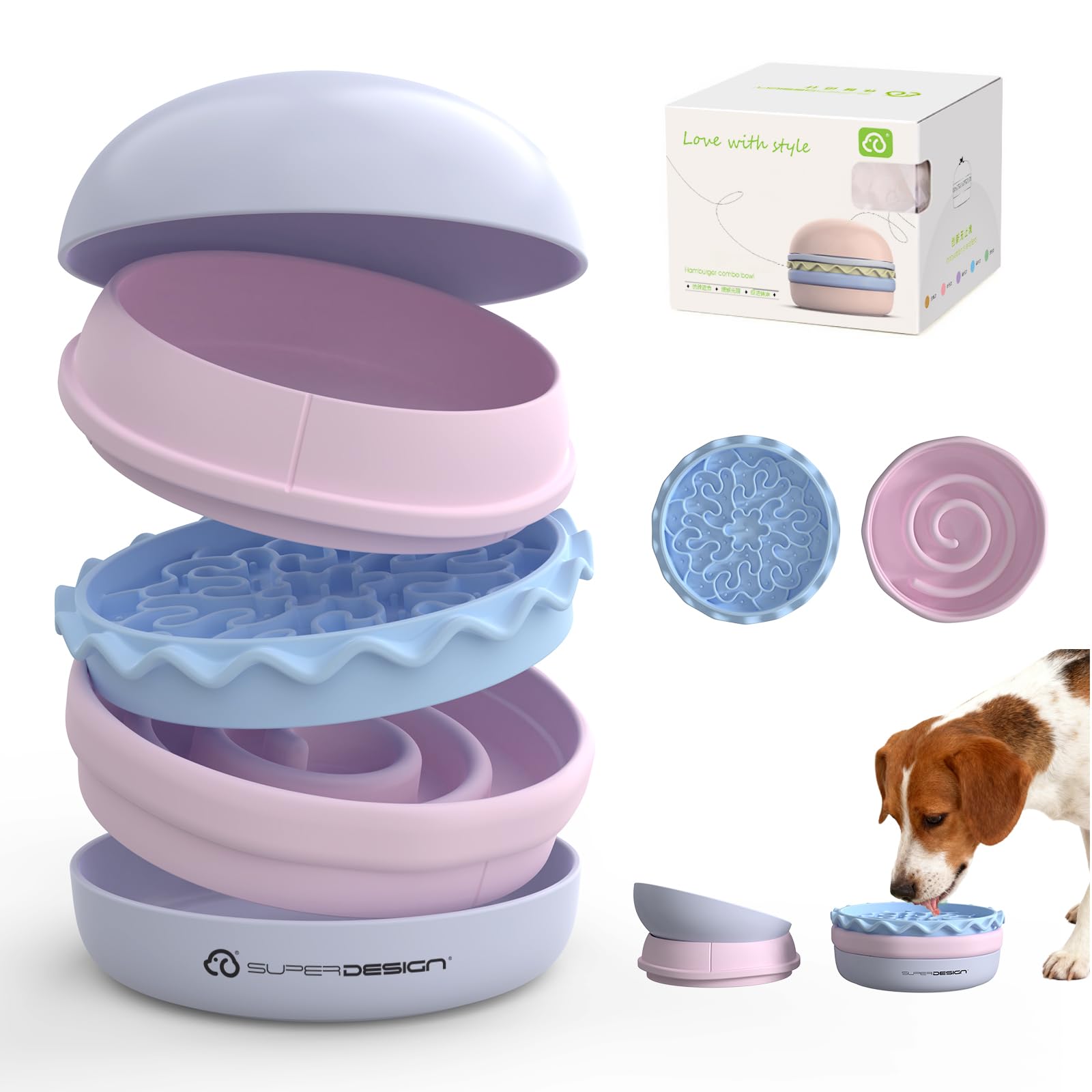 5-in-1 Dog Bowls Set, 6.1 inch Cute Colorful Hamburger-Shaped Dog Food Bowl Stackable for Easy Storage and Travel, Cat Bowls for