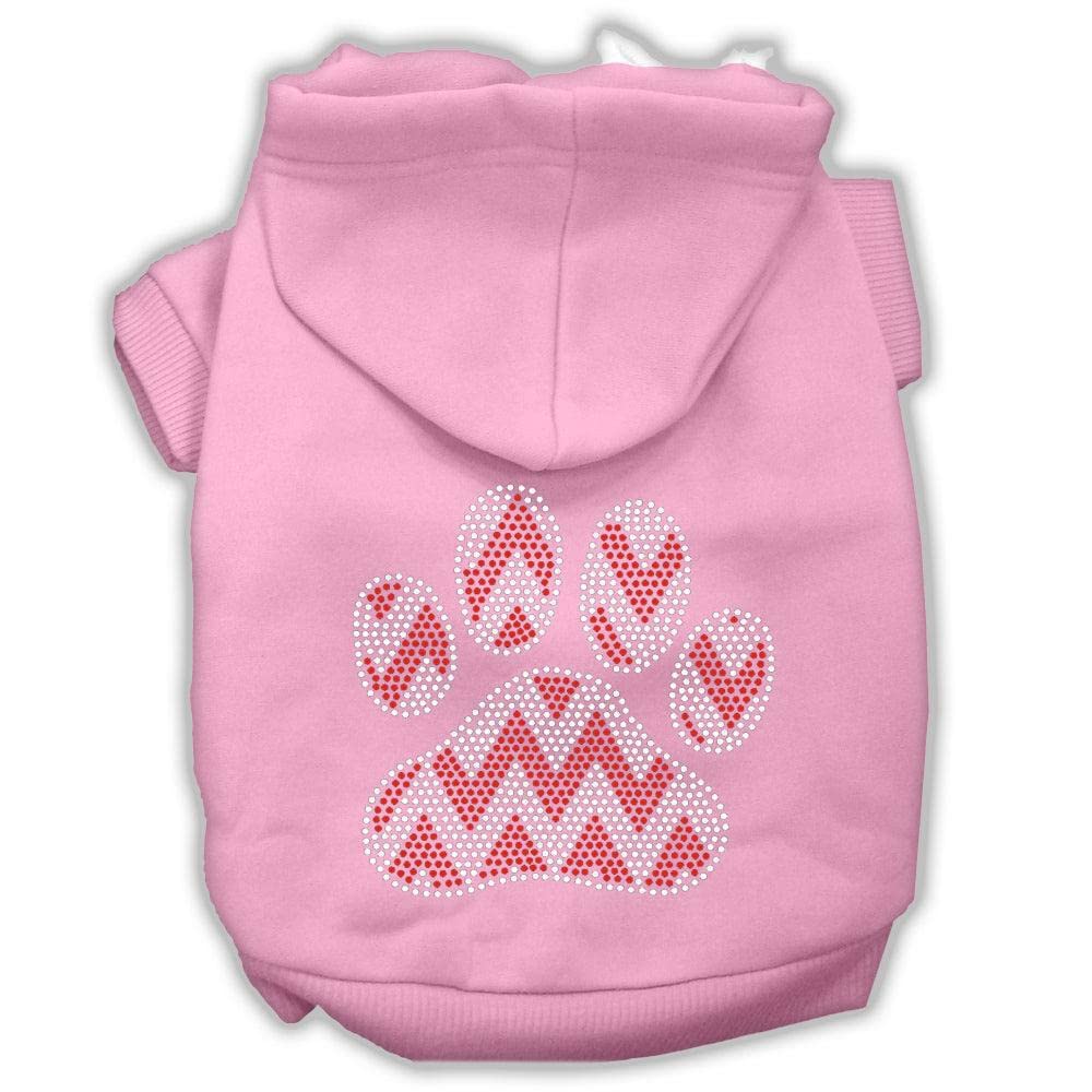 Christmas Pet, Dog & Cat Hoodie Rhinestone, 'Candy Cane Chevron Paw' Light Pink Xs (0-3 Lbs.)