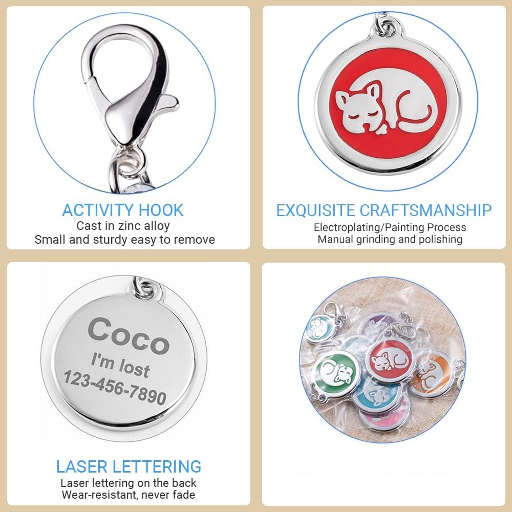 Coolliant Personalized Pet Id Tag With Lobster Claw Clasp For Kittens And Cats - Small Custom Name Tag For Collars (Sleeping-Rou